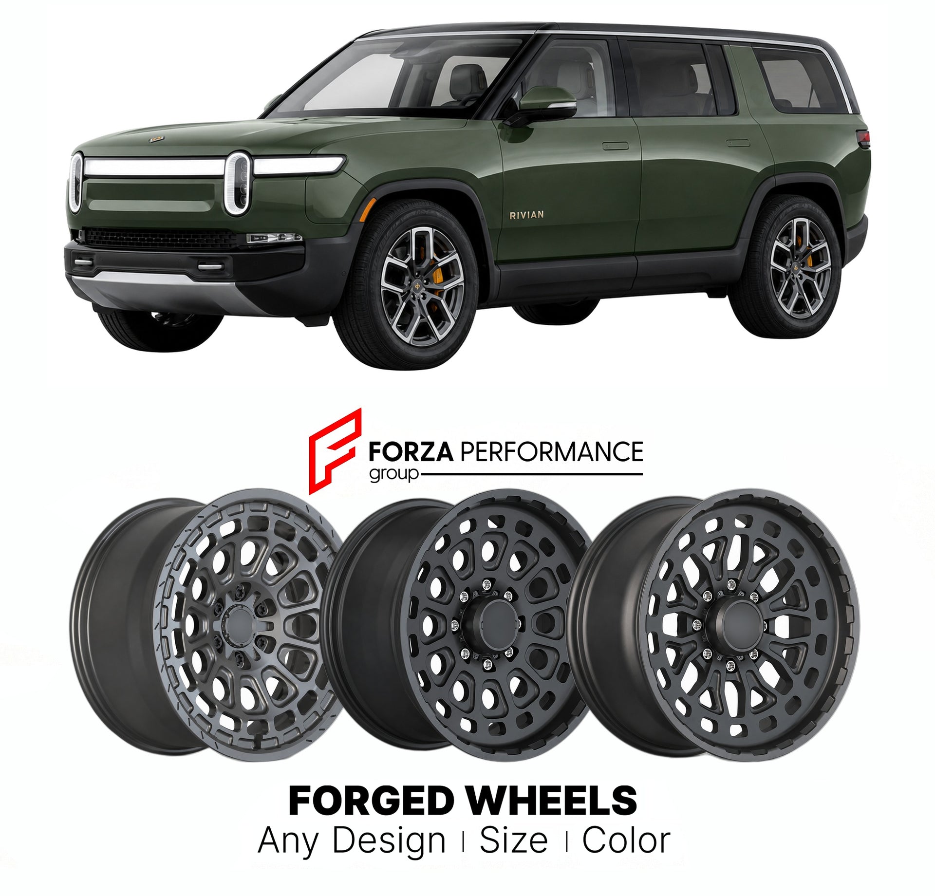 FORGED WHEELS RIMS for RIVIAN R1S QUAD-MOTOR 2022+

Custom forged wheels for Rivian R1S Quad-Motor 2022+. Made-to-order monoblock, 2-piece and 3-piece rims in custom sizes, offsets, colors and finishes with guaranteed fitment.

We manufacture premium quality forged wheels rims for Rivian R1S Quad-Motor 2022+ in any design, size, color.

THIS WHEEL DESIGN CAN BE CUSTOM-MADE FOR YOUR CAR IN ANY SIZE AND COLOR OPTIONS
Available in monoblock, 2-piece, 3-piece, duoblock, beadlock
3D wheel renderings are provided