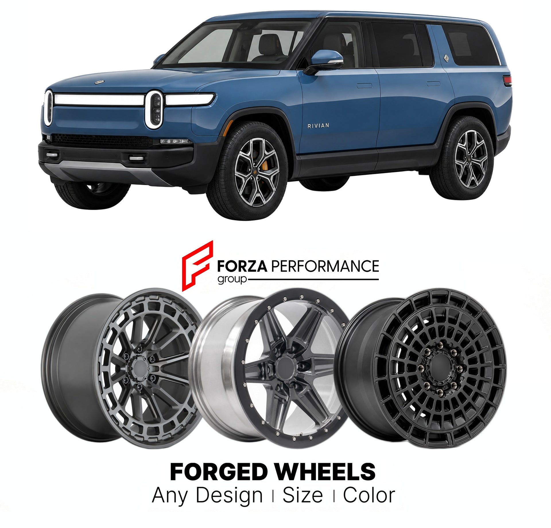 FORGED WHEELS RIMS for RIVIAN R1S TRI-MOTOR 2022+

Custom forged wheels for Rivian R1S Tri-Motor 2022+. Made-to-order monoblock, 2-piece and 3-piece rims in custom sizes, offsets, colors and finishes with guaranteed fitment.

We manufacture premium quality forged wheels rims for Rivian R1S Tri-Motor 2022+ in any design, size, color.

THIS WHEEL DESIGN CAN BE CUSTOM-MADE FOR YOUR CAR IN ANY SIZE AND COLOR OPTIONS
Available in monoblock, 2-piece, 3-piece, duoblock, beadlock
3D wheel renderings are provided ac