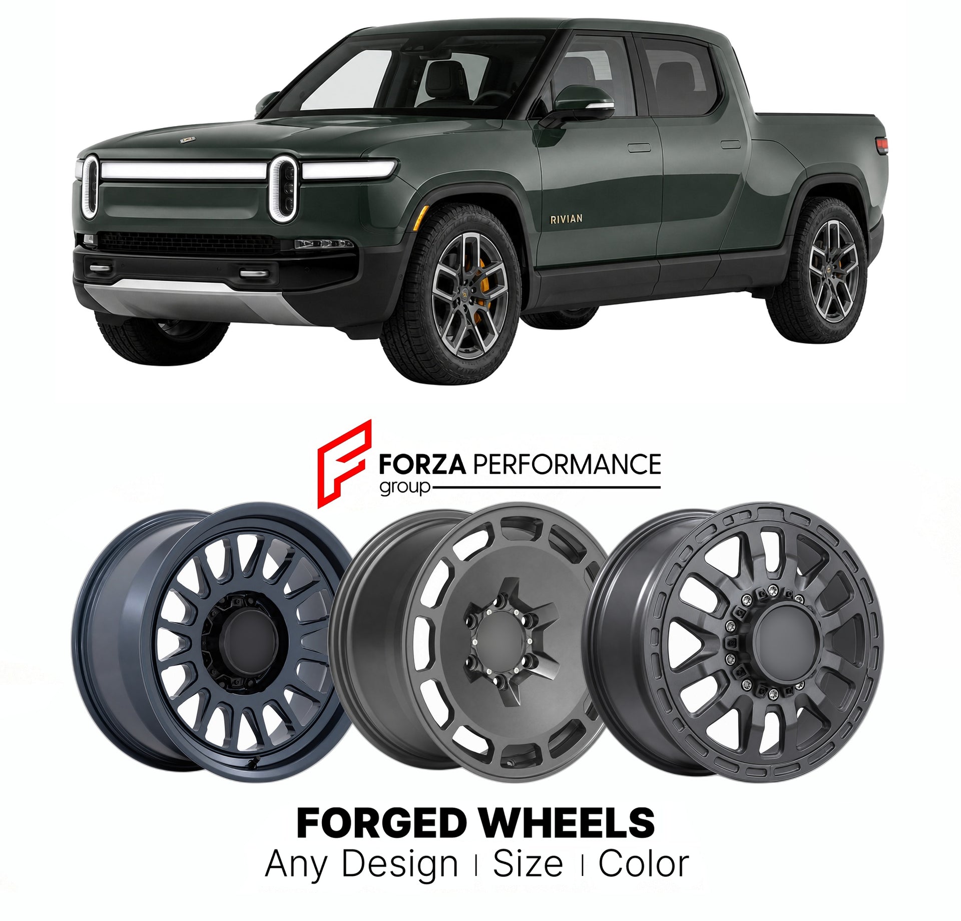 FORGED WHEELS RIMS for RIVIAN R1T 2021+

Custom forged wheels for Rivian R1T 2021+. Made-to-order monoblock, 2-piece and 3-piece rims in custom sizes, offsets, colors and finishes with guaranteed fitment.

We manufacture premium quality forged wheels rims for Rivian R1T 2021+ in any design, size, color.

THIS WHEEL DESIGN CAN BE CUSTOM-MADE FOR YOUR CAR IN ANY SIZE AND COLOR OPTIONS
Available in monoblock, 2-piece, 3-piece, duoblock, beadlock
3D wheel renderings are provided according to the exact dimension