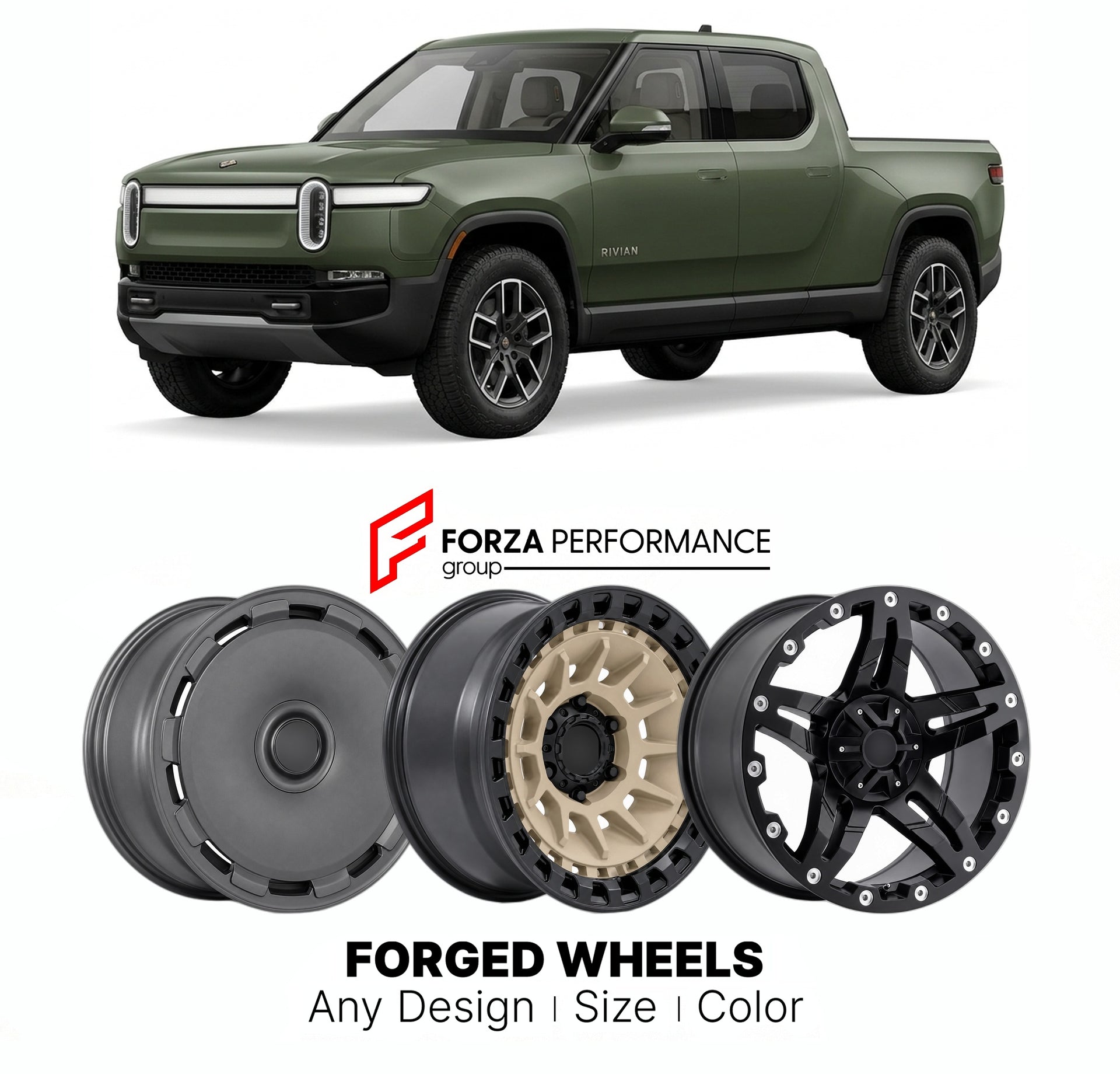 FORGED WHEELS RIMS for RIVIAN R1T 2022 - 2024

Custom forged wheels for Rivian R1T 2022 - 2024. Made-to-order monoblock, 2-piece and 3-piece rims in custom sizes, offsets, colors and finishes with guaranteed fitment.

We manufacture premium quality forged wheels rims for Rivian R1T 2022 - 2024 in any design, size, color.

THIS WHEEL DESIGN CAN BE CUSTOM-MADE FOR YOUR CAR IN ANY SIZE AND COLOR OPTIONS
Available in monoblock, 2-piece, 3-piece, duoblock, beadlock
3D wheel renderings are provided according to t