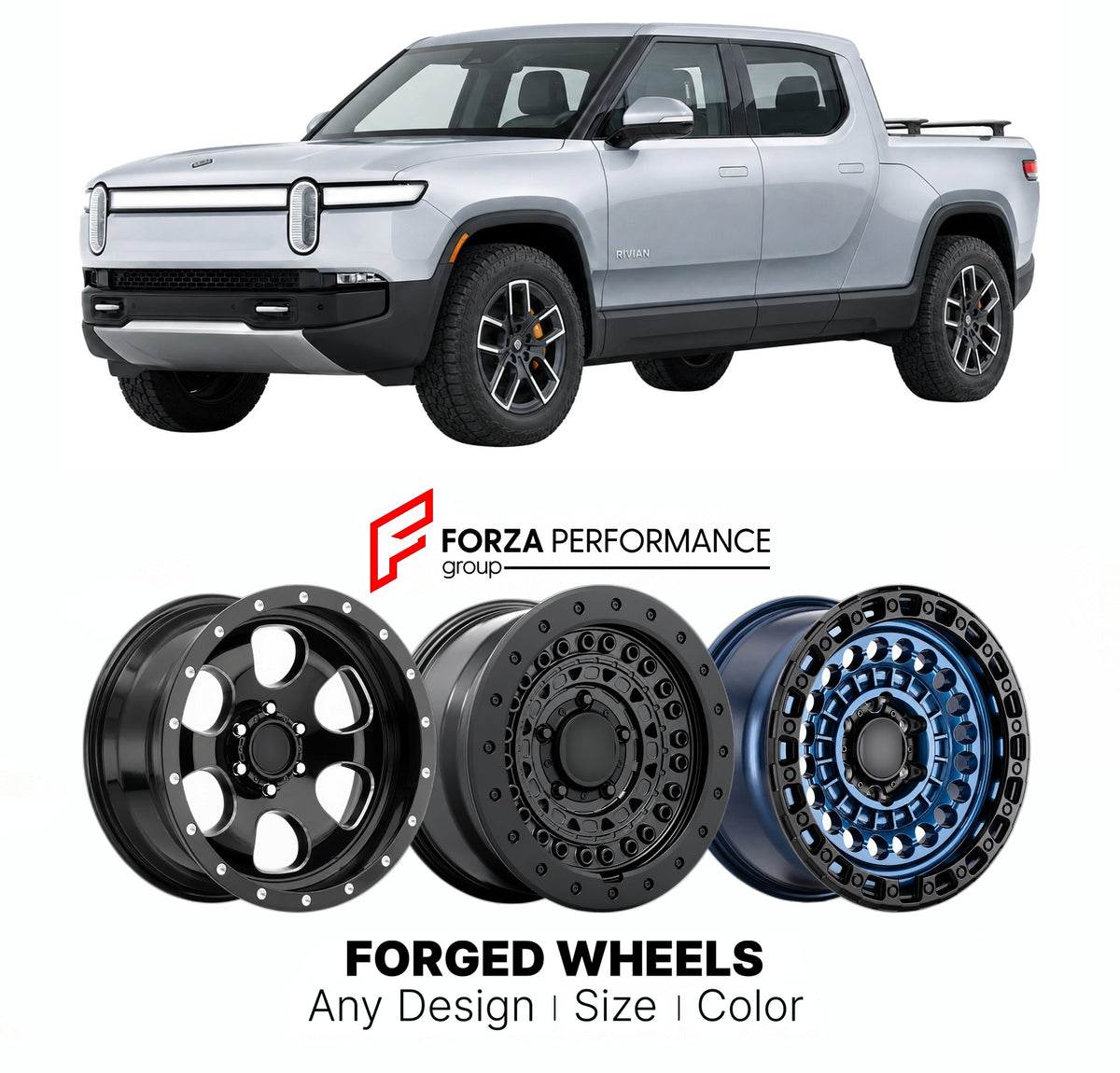 FORGED WHEELS RIMS for RIVIAN R1T GEN I 2022 - 2024

Custom forged wheels for Rivian R1T Gen I 2022 - 2024. Made-to-order monoblock, 2-piece and 3-piece rims in custom sizes, offsets, colors and finishes with guaranteed fitment.

We manufacture premium quality forged wheels rims for Rivian R1T Gen I 2022 - 2024 in any design, size, color.

THIS WHEEL DESIGN CAN BE CUSTOM-MADE FOR YOUR CAR IN ANY SIZE AND COLOR OPTIONS
Available in monoblock, 2-piece, 3-piece, duoblock, beadlock
3D wheel renderings are provi