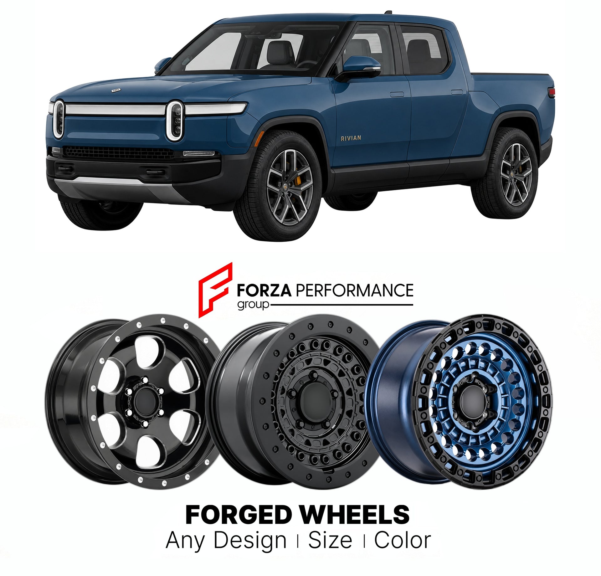 FORGED WHEELS RIMS for RIVIAN R1T 2025+

Custom forged wheels for Rivian R1T 2025+. Made-to-order monoblock, 2-piece and 3-piece rims in custom sizes, offsets, colors and finishes with guaranteed fitment.

We manufacture premium quality forged wheels rims for Rivian R1T 2025+ in any design, size, color.

THIS WHEEL DESIGN CAN BE CUSTOM-MADE FOR YOUR CAR IN ANY SIZE AND COLOR OPTIONS
Available in monoblock, 2-piece, 3-piece, duoblock, beadlock
3D wheel renderings are provided according to the exact dimension
