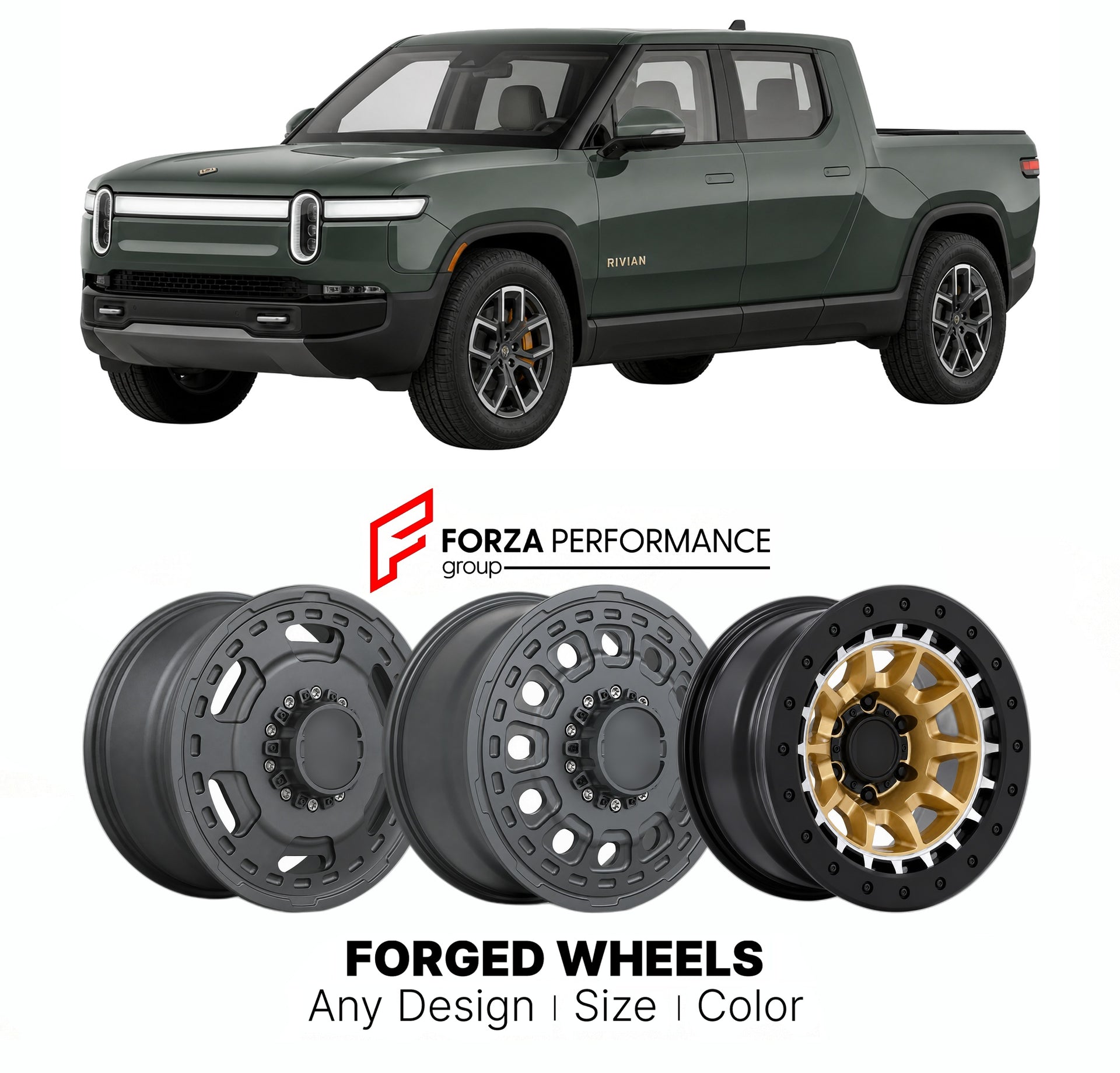 FORGED WHEELS RIMS for RIVIAN R1T ADVENTURE 2022 - 2024

Custom forged wheels for Rivian R1T Adventure 2022 - 2024. Made-to-order monoblock, 2-piece and 3-piece rims in custom sizes, offsets, colors and finishes with guaranteed fitment.

We manufacture premium quality forged wheels rims for Rivian R1T Adventure 2022 - 2024 in any design, size, color.

THIS WHEEL DESIGN CAN BE CUSTOM-MADE FOR YOUR CAR IN ANY SIZE AND COLOR OPTIONS
Available in monoblock, 2-piece, 3-piece, duoblock, beadlock
3D wheel renderin