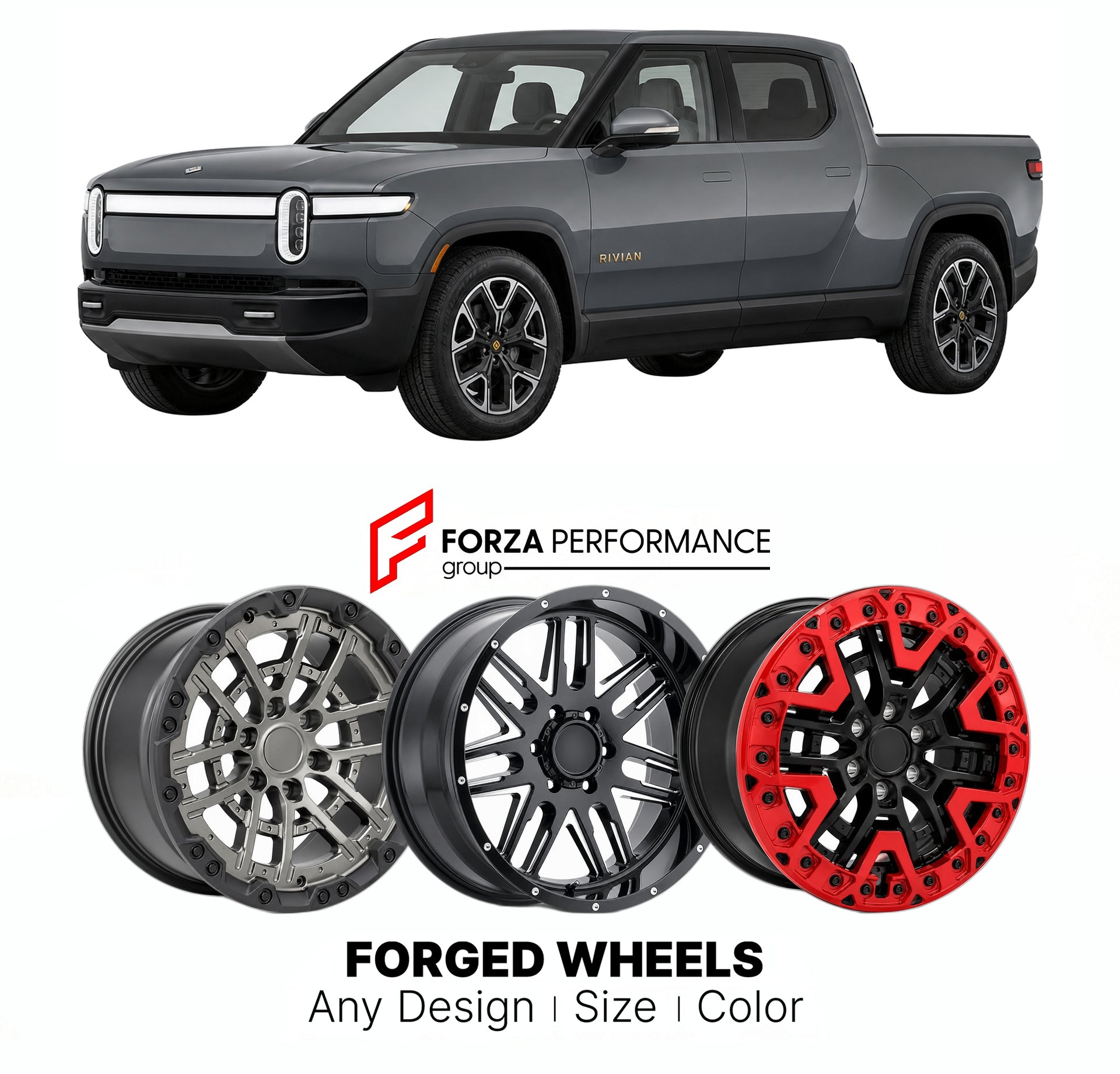FORGED WHEELS RIMS for RIVIAN R1T ASCEND 2022+

Custom forged wheels for Rivian R1T Ascend 2022+. Made-to-order monoblock, 2-piece and 3-piece rims in custom sizes, offsets, colors and finishes with guaranteed fitment.

We manufacture premium quality forged wheels rims for Rivian R1T Ascend 2022+ in any design, size, color.

THIS WHEEL DESIGN CAN BE CUSTOM-MADE FOR YOUR CAR IN ANY SIZE AND COLOR OPTIONS
Available in monoblock, 2-piece, 3-piece, duoblock, beadlock
3D wheel renderings are provided according t