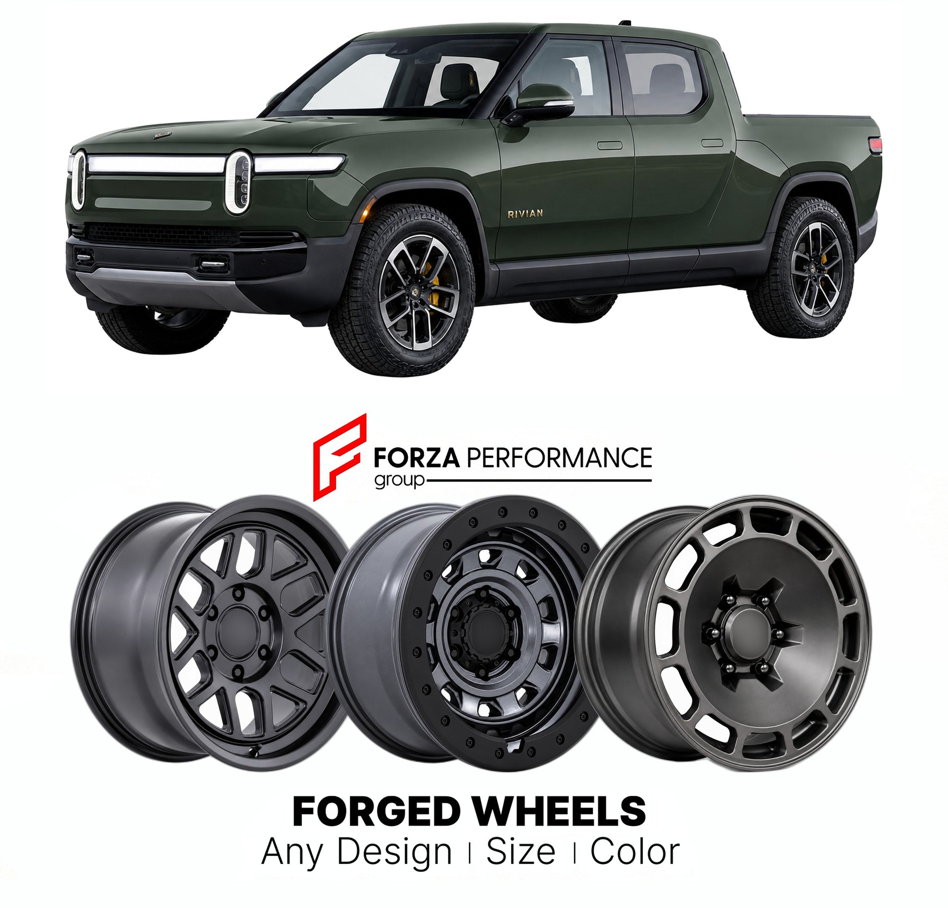 FORGED WHEELS RIMS for RIVIAN R1T QUAD-MOTOR 2022+

Custom forged wheels for Rivian R1T Quad-Motor 2022+. Made-to-order monoblock, 2-piece and 3-piece rims in custom sizes, offsets, colors and finishes with guaranteed fitment.

We manufacture premium quality forged wheels rims for Rivian R1T Quad-Motor 2022+ in any design, size, color.

THIS WHEEL DESIGN CAN BE CUSTOM-MADE FOR YOUR CAR IN ANY SIZE AND COLOR OPTIONS
Available in monoblock, 2-piece, 3-piece, duoblock, beadlock
3D wheel renderings are provided