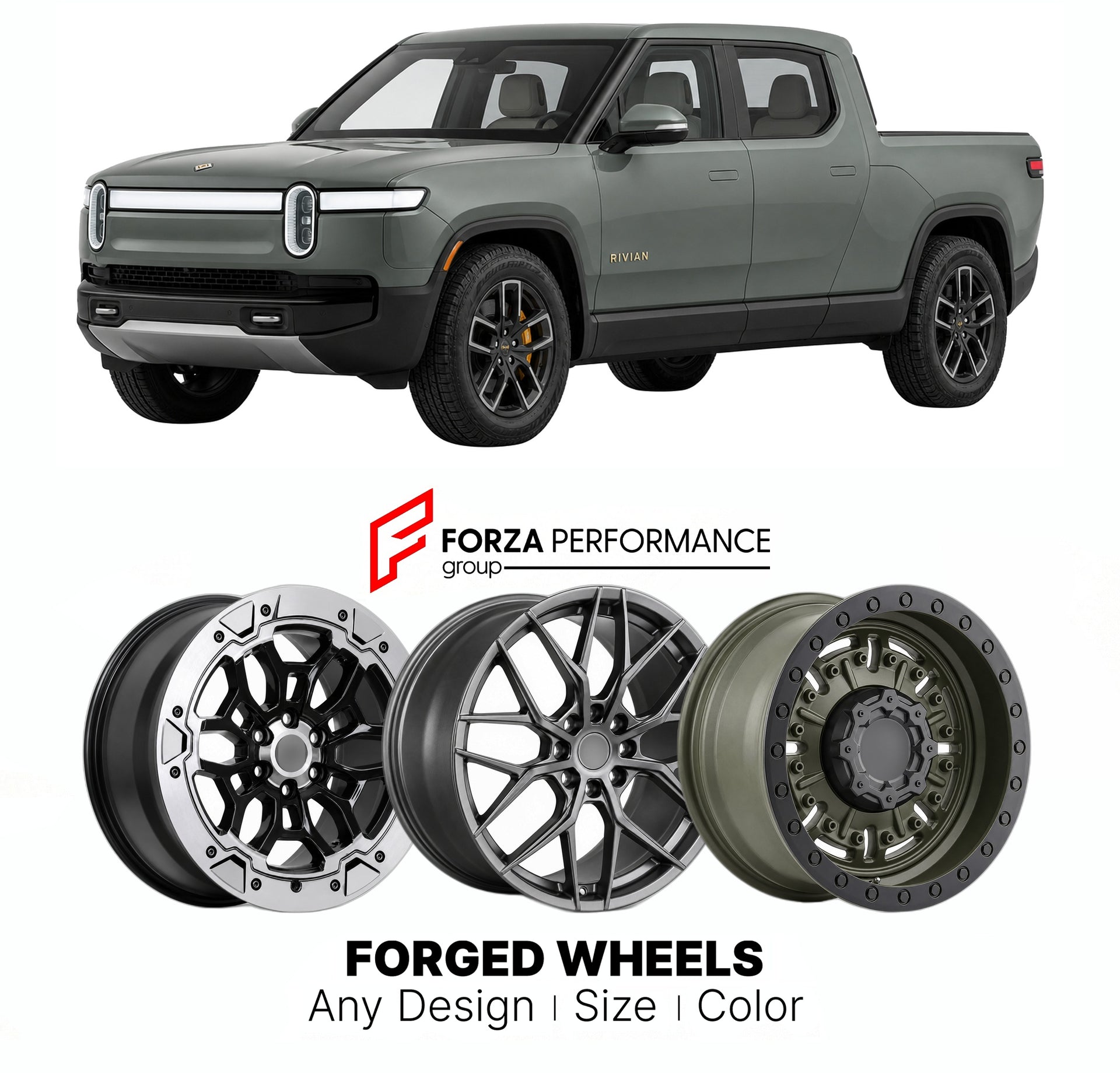 FORGED WHEELS RIMS for RIVIAN R1T TRI-MOTOR 2022+

Custom forged wheels for Rivian R1T Tri-Motor 2022+. Made-to-order monoblock, 2-piece and 3-piece rims in custom sizes, offsets, colors and finishes with guaranteed fitment.

We manufacture premium quality forged wheels rims for Rivian R1T Tri-Motor 2022+ in any design, size, color.

THIS WHEEL DESIGN CAN BE CUSTOM-MADE FOR YOUR CAR IN ANY SIZE AND COLOR OPTIONS
Available in monoblock, 2-piece, 3-piece, duoblock, beadlock
3D wheel renderings are provided ac