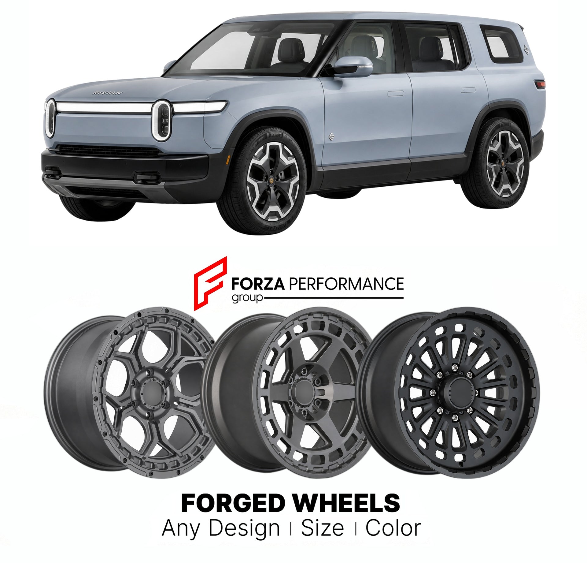 FORGED WHEELS RIMS for RIVIAN R2 2026+

Custom forged wheels for Rivian R2 2026+. Made-to-order monoblock, 2-piece and 3-piece rims in custom sizes, offsets, colors and finishes with guaranteed fitment.

We manufacture premium quality forged wheels rims for Rivian R2 2026+ in any design, size, color.

THIS WHEEL DESIGN CAN BE CUSTOM-MADE FOR YOUR CAR IN ANY SIZE AND COLOR OPTIONS
Available in monoblock, 2-piece, 3-piece, duoblock, beadlock
3D wheel renderings are provided according to the exact dimensions a