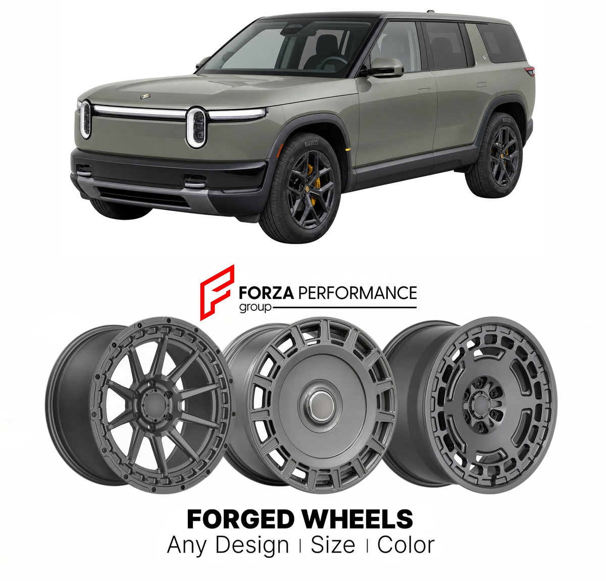 FORGED WHEELS RIMS for RIVIAN R1S GEN 1 2022 - 2024

Custom forged wheels for Rivian R1S Gen 1 2022 - 2024. Made-to-order monoblock, 2-piece and 3-piece rims in custom sizes, offsets, colors and finishes with guaranteed fitment.

We manufacture premium quality forged wheels rims for Rivian R1S Gen 1 2022 - 2024 in any design, size, color.

THIS WHEEL DESIGN CAN BE CUSTOM-MADE FOR YOUR CAR IN ANY SIZE AND COLOR OPTIO
