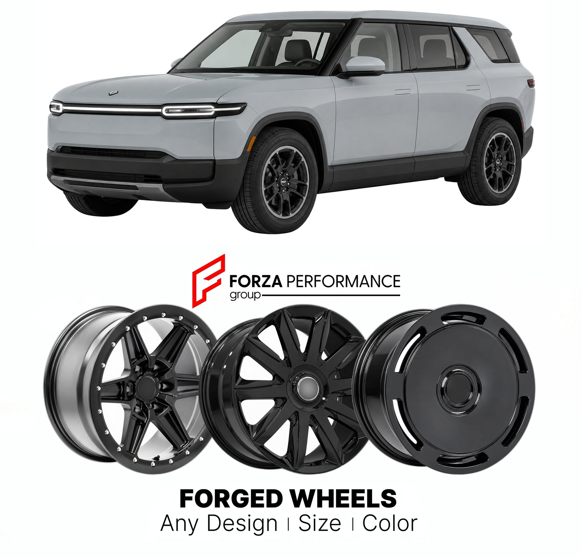 FORGED WHEELS RIMS for RIVIAN R2 PREMIUM MIDSIZE PLATFORM 2026+

Custom forged wheels for Rivian R2 Premium Midsize Platform 2026+. Made-to-order monoblock, 2-piece and 3-piece rims in custom sizes, offsets, colors and finishes with guaranteed fitment.

We manufacture premium quality forged wheels rims for Rivian R2 Premium Midsize Platform 2026+ in any design, size, color.

THIS WHEEL DESIGN CAN BE CUSTOM-MADE FOR YOUR CAR IN ANY SIZE AND COLOR OPTIONS
Available in monoblock, 2-piece, 3-piece, duoblock, be