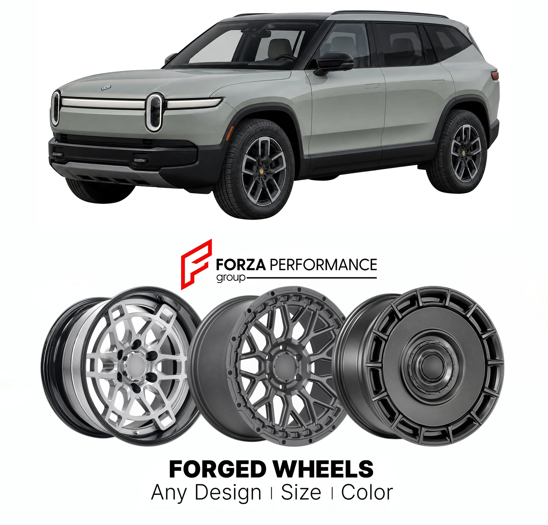 FORGED WHEELS RIMS for RIVIAN R2 STANDARD MIDSIZE PLATFORM 2026+

Custom forged wheels for Rivian R2 Standard Midsize Platform 2026+. Made-to-order monoblock, 2-piece and 3-piece rims in custom sizes, offsets, colors and finishes with guaranteed fitment.

We manufacture premium quality forged wheels rims for Rivian R2 Standard Midsize Platform 2026+ in any design, size, color.

THIS WHEEL DESIGN CAN BE CUSTOM-MADE FOR YOUR CAR IN ANY SIZE AND COLOR OPTIONS
Available in monoblock, 2-piece, 3-piece, duoblock,