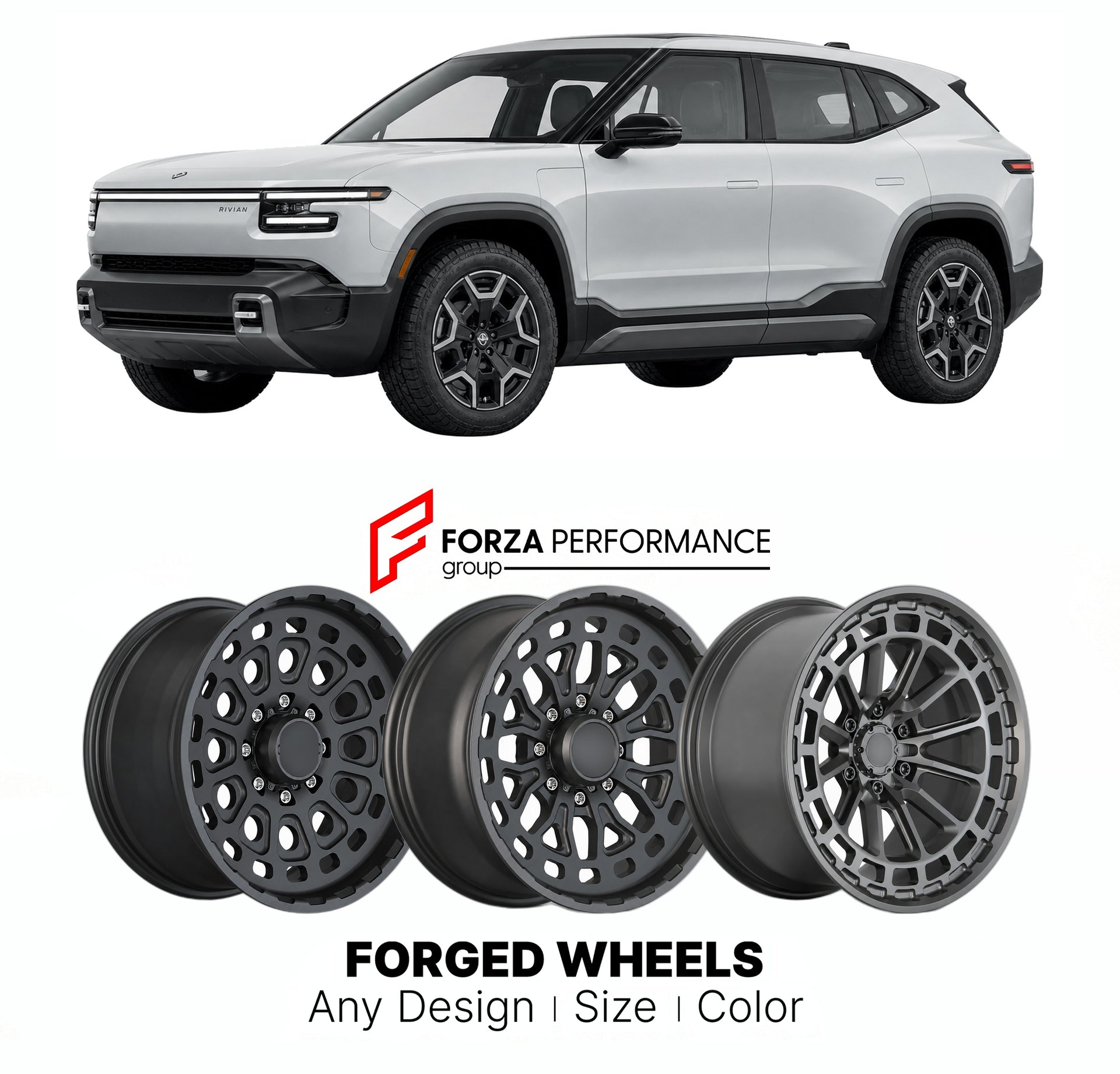 FORGED WHEELS RIMS for RIVIAN R3X 2026+

Custom forged wheels for Rivian R3X 2026+. Made-to-order monoblock, 2-piece and 3-piece rims in custom sizes, offsets, colors and finishes with guaranteed fitment.

We manufacture premium quality forged wheels rims for Rivian R3X 2026+ in any design, size, color.

THIS WHEEL DESIGN CAN BE CUSTOM-MADE FOR YOUR CAR IN ANY SIZE AND COLOR OPTIONS
Available in monoblock, 2-piece, 3-piece, duoblock, beadlock
3D wheel renderings are provided according to the exact dimension