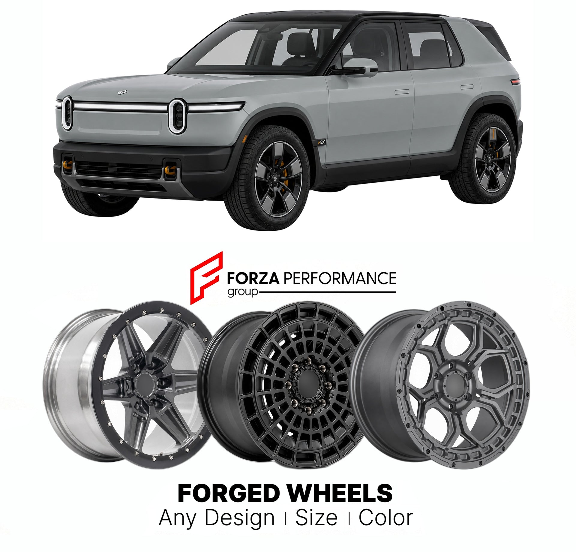 FORGED WHEELS RIMS for RIVIAN R3X PLANNED PERFORMANCE CROSSOVER 2027+

Custom forged wheels for Rivian R3X Planned Performance Crossover 2027+. Made-to-order monoblock, 2-piece and 3-piece rims in custom sizes, offsets, colors and finishes with guaranteed fitment.

We manufacture premium quality forged wheels rims for Rivian R3X Planned Performance Crossover 2027+ in any design, size, color.

THIS WHEEL DESIGN CAN BE CUSTOM-MADE FOR YOUR CAR IN ANY SIZE AND COLOR OPTIONS
Available in monoblock, 2-piece, 3-p
