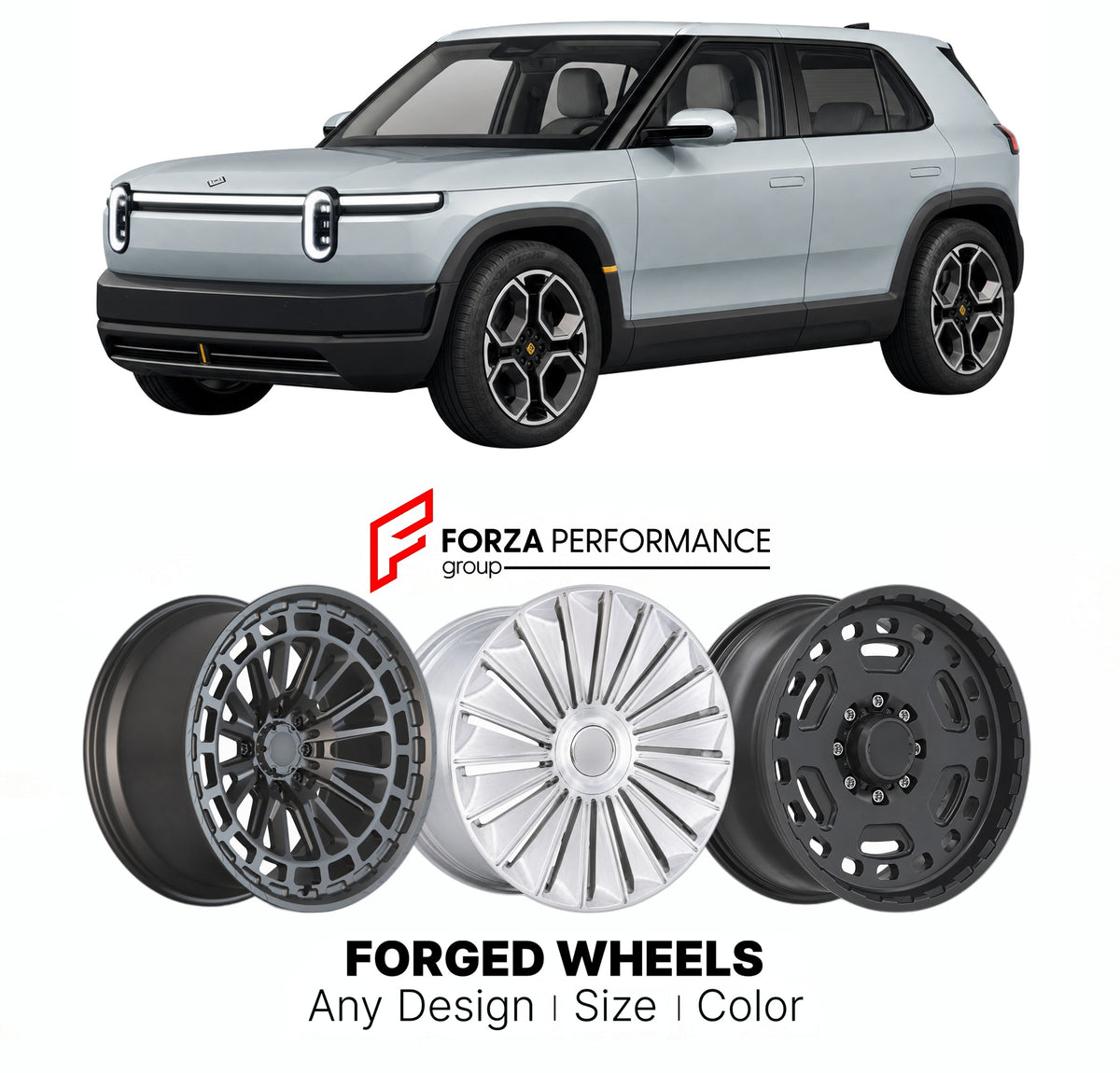 FORGED WHEELS RIMS for RIVIAN R2 PREMIUM 2027+

Custom forged wheels for Rivian R2 Premium 2027+. Made-to-order monoblock, 2-piece and 3-piece rims in custom sizes, offsets, colors and finishes with guaranteed fitment.

We manufacture premium quality forged wheels rims for Rivian R2 Premium 2027+ in any design, size, color.

THIS WHEEL DESIGN CAN BE CUSTOM-MADE FOR YOUR CAR IN ANY SIZE AND COLOR OPTIONS
Available in monoblock, 2-piece, 3-piece, duoblock,
