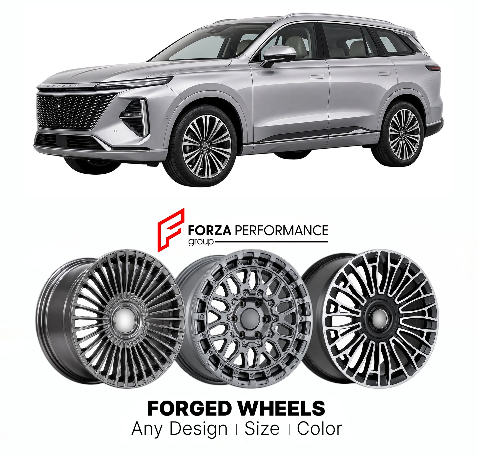 Custom forged wheels for Roewe SAIC RX9 2023+. Made-to-order monoblock, 2-piece and 3-piece wheels in custom sizes, offsets, colors and finishes with guaranteed vehicle fitment.

We manufacture premium quality forged wheels rims for Roewe SAIC RX9 2023+ in any design, size, color.

THIS WHEEL DESIGN CAN BE CUSTOM-MADE FOR YOUR CAR IN ANY SIZE AND COLOR OPTIONS
Available in monoblock, 2-piece, 3-piece, duoblock, beadlock
3D wheel renderings are provided according to the exact dimensions and specifications re