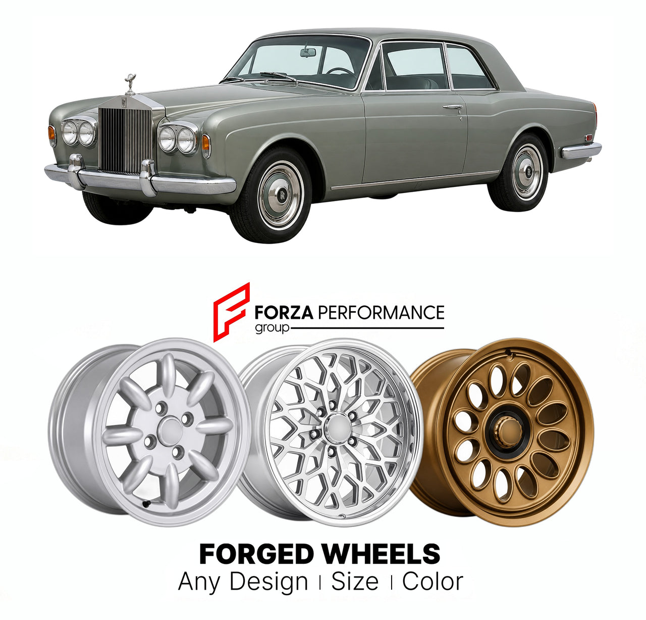 CUSTOM CLASSIC VINTAGE RESTOMOD RETRO OLD SCHOOL FORGED WHEELS RIMS for ROLLS-ROYCE CORNICHE 1971 - 1995

Custom forged wheels for Rolls-Royce Corniche 1971 - 1995. Classic, vintage, restomod wheel designs made to order in custom sizes, offsets, colors and finishes.

We manufacture premium quality forged wheels rims for Rolls-Royce Corniche 1971 - 1995 in any design, size, color.

THIS WHEEL DESIGN CAN BE CUSTOM-MADE FOR YOUR CAR IN ANY SIZE AND COLOR OPTIONS
Available in monoblock, 2-piece, 3-piece, duoblo