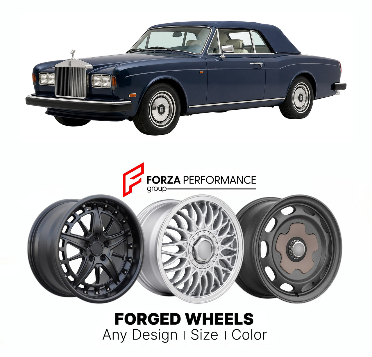 CUSTOM CLASSIC VINTAGE RESTOMOD RETRO OLD SCHOOL FORGED WHEELS RIMS for ROLLS-ROYCE CORNICHE IV 1992 - 1995

Custom forged wheels for Rolls-Royce Corniche IV 1992 - 1995. Classic, vintage, restomod wheel designs made to order in custom sizes, offsets, colors and finishes.

We manufacture premium quality forged wheels rims for Rolls-Royce Corniche IV 1992 - 1995 in any design, size, color.

THIS WHEEL DESIGN CAN BE CUSTOM-MADE FOR YOUR CAR IN ANY SIZE AND COLOR OPTIONS
Available in monoblock, 2-piece, 3-piec
