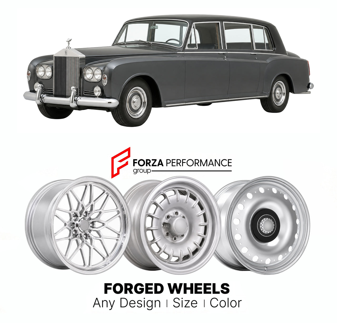 CUSTOM CLASSIC VINTAGE RESTOMOD RETRO OLD SCHOOL FORGED WHEELS RIMS for ROLLS-ROYCE PHANTOM VI 1968 - 1990

Custom forged wheels for Rolls-Royce Phantom VI 1968 - 1990. Classic, vintage, restomod wheel designs made to order in custom sizes, offsets, colors and finishes.

We manufacture premium quality forged wheels rims for Rolls-Royce Phantom VI 1968 - 1990 in any design, size, color.

THIS WHEEL DESIGN CAN BE CUSTOM-MADE FOR YOUR CAR IN ANY SIZE AND COLOR OPTIONS
Available in monoblock, 2-piece, 3-piece, 