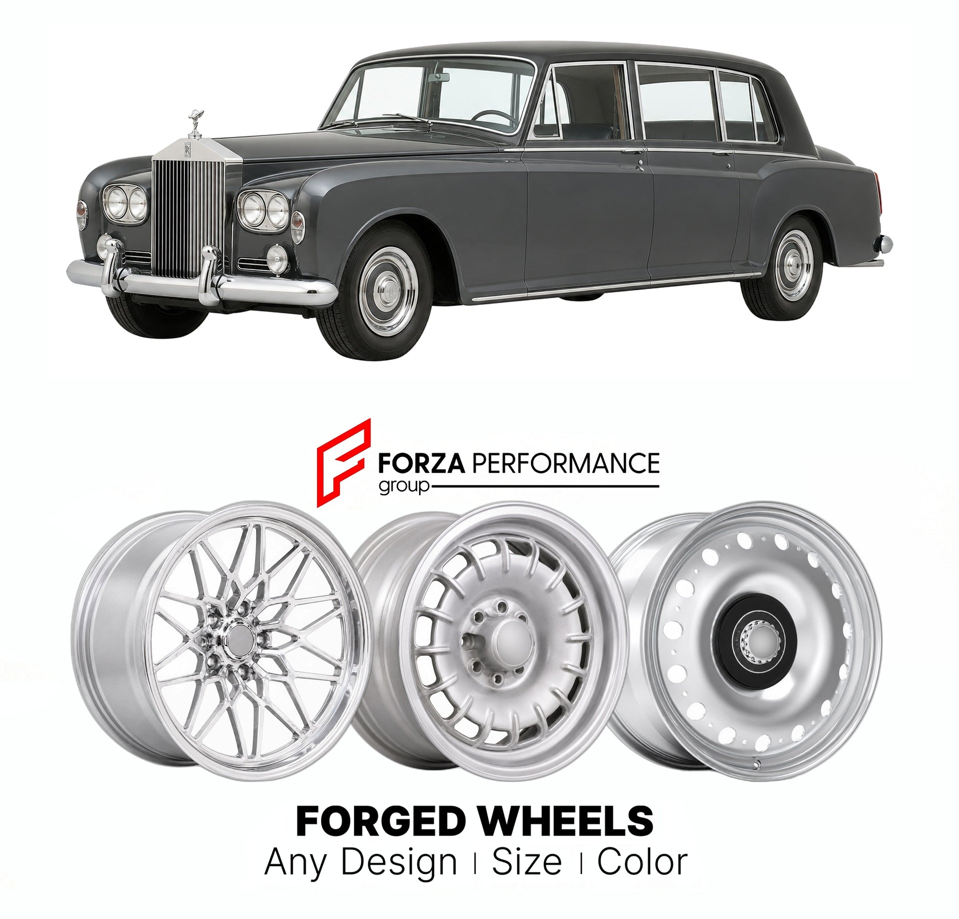 CUSTOM CLASSIC VINTAGE RESTOMOD RETRO OLD SCHOOL FORGED WHEELS RIMS for ROLLS-ROYCE PHANTOM VI 1968 - 1990

Custom forged wheels for Rolls-Royce Phantom VI 1968 - 1990. Classic, vintage, restomod wheel designs made to order in custom sizes, offsets, colors and finishes.

We manufacture premium quality forged wheels rims for Rolls-Royce Phantom VI 1968 - 1990 in any design, size, color.

THIS WHEEL DESIGN CAN BE CUSTOM-MADE FOR YOUR CAR IN ANY SIZE AND COLOR OPTIONS
Available in monoblock, 2-piece, 3-piece, 