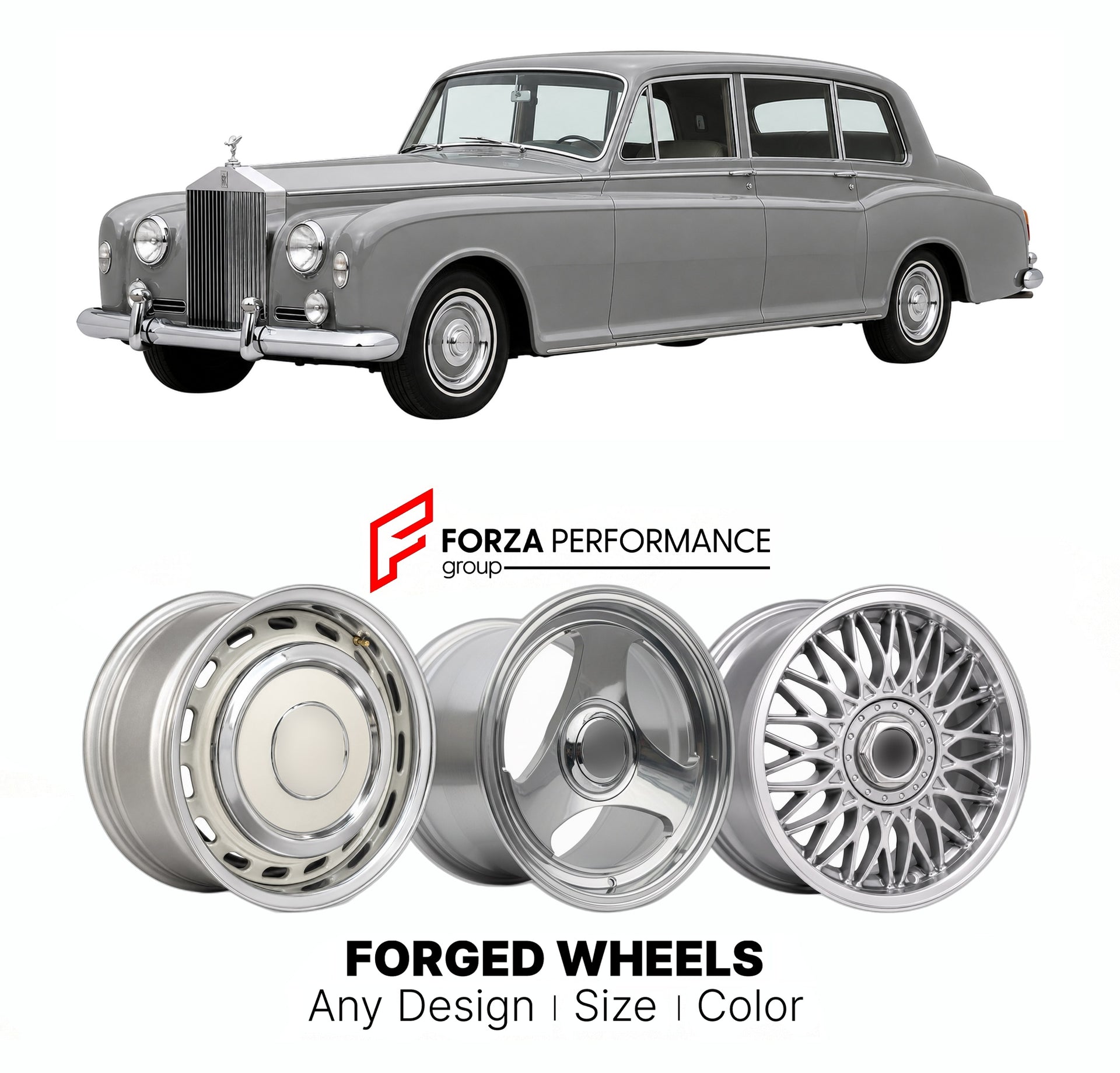 CUSTOM CLASSIC VINTAGE RESTOMOD RETRO OLD SCHOOL FORGED WHEELS RIMS for ROLLS-ROYCE PHANTOM V 1959 - 1968

Custom forged wheels for Rolls-Royce Phantom V 1959 - 1968. Classic, vintage, restomod wheel designs made to order in custom sizes, offsets, colors and finishes.

We manufacture premium quality forged wheels rims for Rolls-Royce Phantom V 1959 - 1968 in any design, size, color.

THIS WHEEL DESIGN CAN BE CUSTOM-MADE FOR YOUR CAR IN ANY SIZE AND COLOR OPTIONS
Available in monoblock, 2-piece, 3-piece, duo