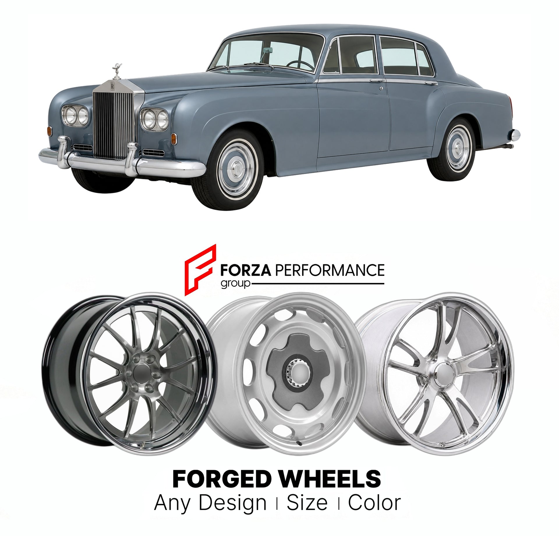 CUSTOM CLASSIC VINTAGE RESTOMOD RETRO OLD SCHOOL FORGED WHEELS RIMS for ROLLS-ROYCE SILVER CLOUD III 1962 - 1966

Custom forged wheels for Rolls-Royce Silver Cloud III 1962 - 1966. Classic, vintage, restomod wheel designs made to order in custom sizes, offsets, colors and finishes.

We manufacture premium quality forged wheels rims for Rolls-Royce Silver Cloud III 1962 - 1966 in any design, size, color.

THIS WHEEL DESIGN CAN BE CUSTOM-MADE FOR YOUR CAR IN ANY SIZE AND COLOR OPTIONS
Available in monoblock, 