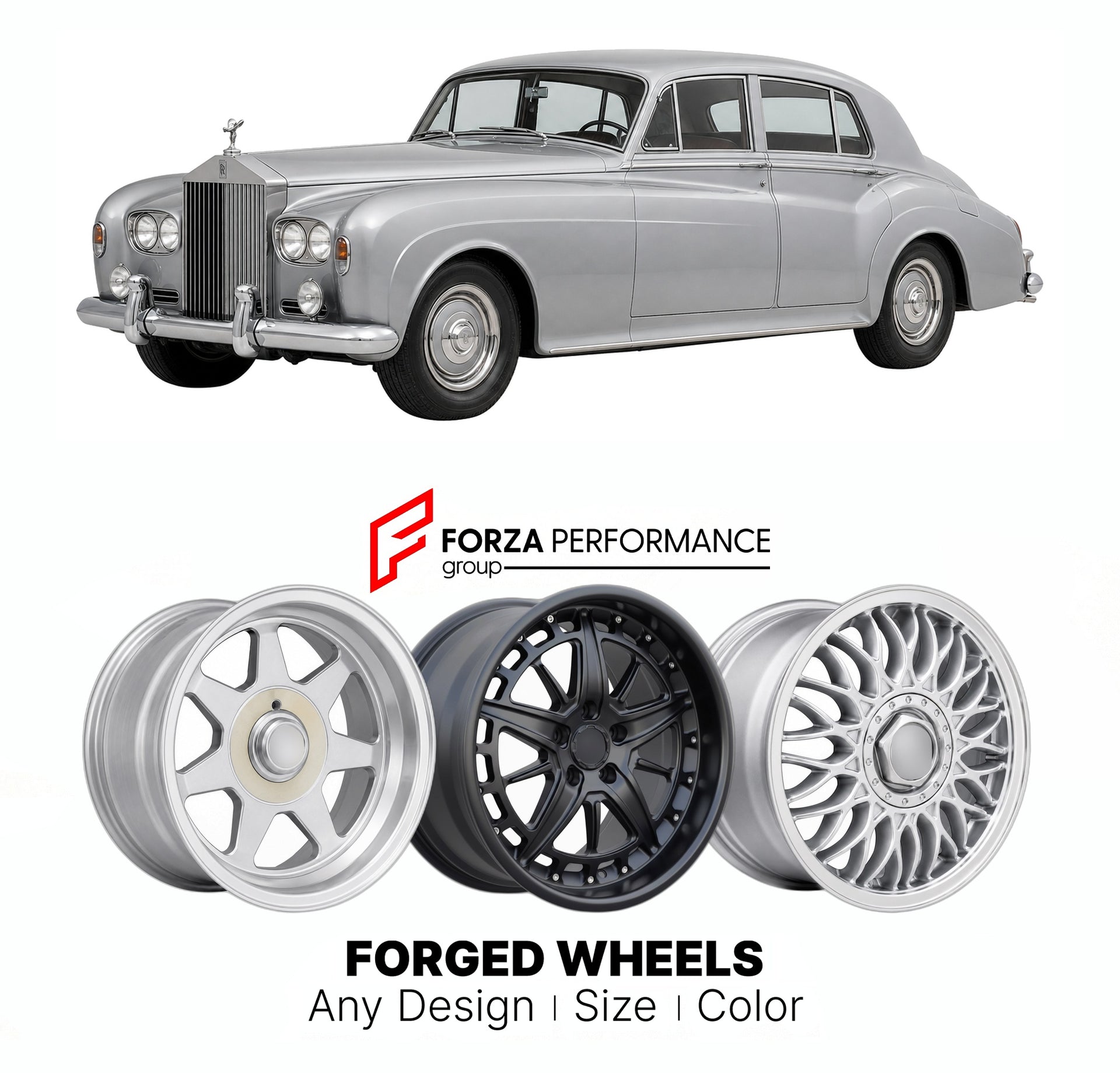 CUSTOM CLASSIC VINTAGE RESTOMOD RETRO OLD SCHOOL FORGED WHEELS RIMS for ROLLS-ROYCE SILVER CLOUD III 1963 - 1966

Custom forged wheels for Rolls-Royce Silver Cloud III 1963 - 1966. Classic, vintage, restomod wheel designs made to order in custom sizes, offsets, colors and finishes.

We manufacture premium quality forged wheels rims for Rolls-Royce Silver Cloud III 1963 - 1966 in any design, size, color.

THIS WHEEL DESIGN CAN BE CUSTOM-MADE FOR YOUR CAR IN ANY SIZE AND COLOR OPTIONS
Available in monoblock, 