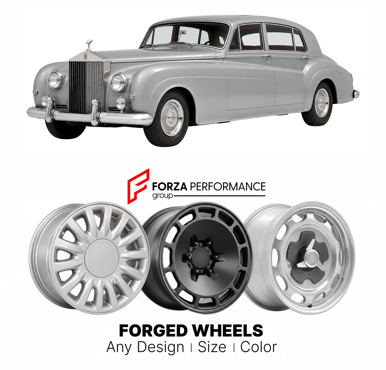 CUSTOM CLASSIC VINTAGE RESTOMOD RETRO OLD SCHOOL FORGED WHEELS RIMS for ROLLS-ROYCE SILVER CLOUD II 1959 - 1962

Custom forged wheels for Rolls-Royce Silver Cloud II 1959 - 1962. Classic, vintage, restomod wheel designs made to order in custom sizes, offsets, colors and finishes.

We manufacture premium quality forged wheels rims for Rolls-Royce Silver Cloud II 1959 - 1962 in any design, size, color.

THIS WHEEL DESIGN CAN BE CUSTOM-MADE FOR YOUR CAR IN ANY SIZE AND COLOR OPTIONS
Available in monoblock, 2-p