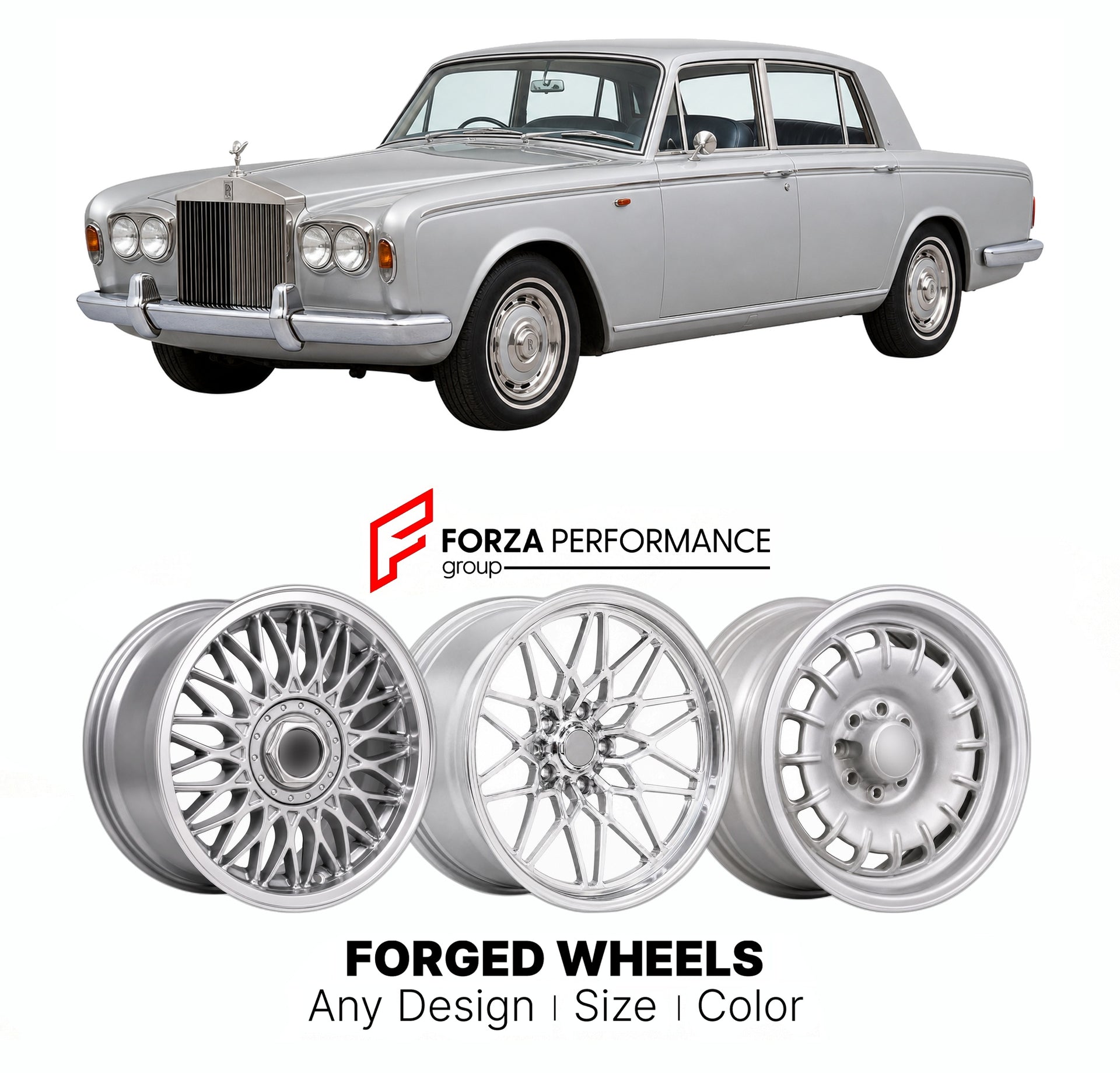 CUSTOM CLASSIC VINTAGE RESTOMOD RETRO OLD SCHOOL FORGED WHEELS RIMS for ROLLS-ROYCE SILVER SHADOW 1965 - 1977

Custom forged wheels for Rolls-Royce Silver Shadow 1965 - 1977. Classic, vintage, restomod wheel designs made to order in custom sizes, offsets, colors and finishes.

We manufacture premium quality forged wheels rims for Rolls-Royce Silver Shadow 1965 - 1977 in any design, size, color.

THIS WHEEL DESIGN CAN BE CUSTOM-MADE FOR YOUR CAR IN ANY SIZE AND COLOR OPTIONS
Available in monoblock, 2-piece, 