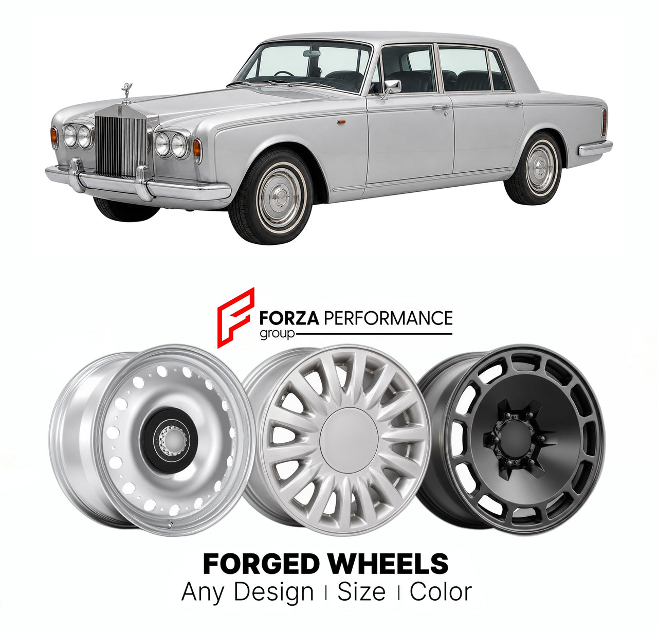 CUSTOM CLASSIC VINTAGE RESTOMOD RETRO OLD SCHOOL FORGED WHEELS RIMS for ROLLS-ROYCE SILVER SHADOW 1965 - 1980

Custom forged wheels for Rolls-Royce Silver Shadow 1965 - 1980. Classic, vintage, restomod wheel designs made to order in custom sizes, offsets, colors and finishes.

We manufacture premium quality forged wheels rims for Rolls-Royce Silver Shadow 1965 - 1980 in any design, size, color.

THIS WHEEL DESIGN CAN BE CUSTOM-MADE FOR YOUR CAR IN ANY SIZE AND COLOR OPTIONS
Available in monoblock, 2-piece, 
