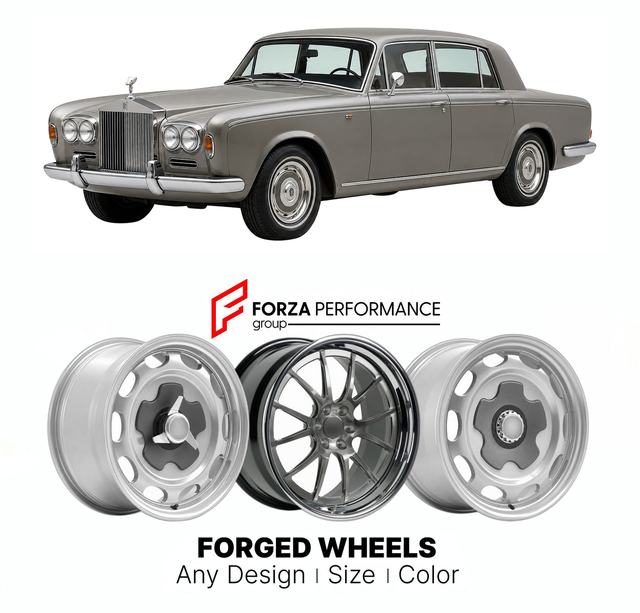 CUSTOM CLASSIC VINTAGE RESTOMOD RETRO OLD SCHOOL FORGED WHEELS RIMS for ROLLS-ROYCE SILVER SHADOW I 1965 - 1976

Custom forged wheels for Rolls-Royce Silver Shadow I 1965 - 1976. Classic, vintage, restomod wheel designs made to order in custom sizes, offsets, colors and finishes.

We manufacture premium quality forged wheels rims for Rolls-Royce Silver Shadow I 1965 - 1976 in any design, size, color.

THIS WHEEL DESIGN CAN BE CUSTOM-MADE FOR YOUR CAR IN ANY SIZE AND COLOR OPTIONS
Available in monoblock, 2-p