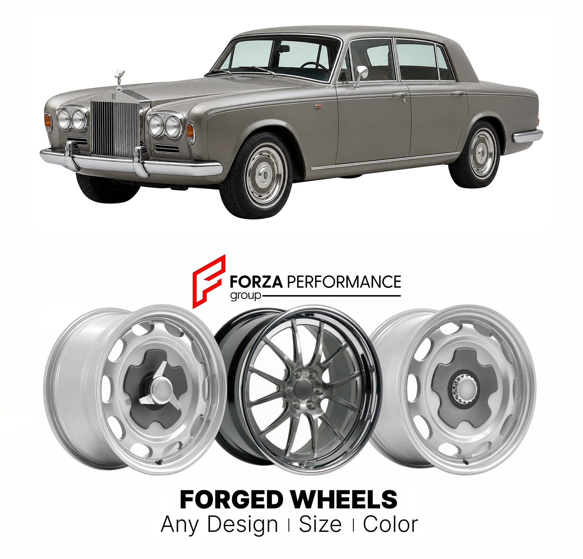CUSTOM CLASSIC VINTAGE RESTOMOD RETRO OLD SCHOOL FORGED WHEELS RIMS for ROLLS-ROYCE SILVER SHADOW I 1965 - 1976

Custom forged wheels for Rolls-Royce Silver Shadow I 1965 - 1976. Classic, vintage, restomod wheel designs made to order in custom sizes, offsets, colors and finishes.

We manufacture premium quality forged wheels rims for Rolls-Royce Silver Shadow I 1965 - 1976 in any design, size, color.

THIS WHEEL DESIGN CAN BE CUSTOM-MADE FOR YOUR CAR IN ANY SIZE AND COLOR OPTIONS
Available in monoblock, 2-p