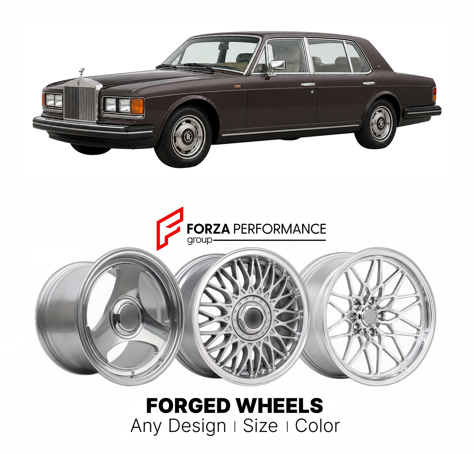 CUSTOM CLASSIC VINTAGE RESTOMOD RETRO OLD SCHOOL FORGED WHEELS RIMS for ROLLS-ROYCE SILVER SPIRIT I 1980 - 1989

Custom forged wheels for Rolls-Royce Silver Spirit I 1980 - 1989. Classic, vintage, restomod wheel designs made to order in custom sizes, offsets, colors and finishes.

We manufacture premium quality forged wheels rims for Rolls-Royce Silver Spirit I 1980 - 1989 in any design, size, color.

THIS WHEEL DESIGN CAN BE CUSTOM-MADE FOR YOUR CAR IN ANY SIZE AND COLOR OPTIONS
Available in monoblock, 2-p