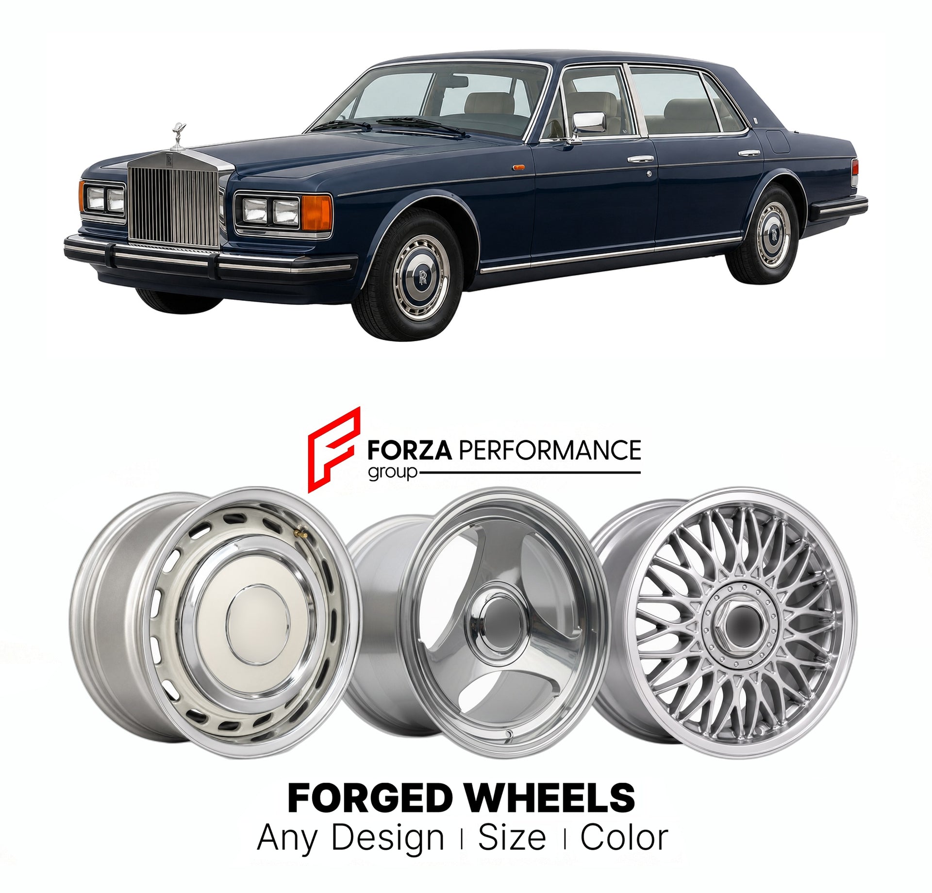 CUSTOM CLASSIC VINTAGE RESTOMOD RETRO OLD SCHOOL FORGED WHEELS RIMS for ROLLS-ROYCE SILVER SPIRIT SPUR MK II 1989 - 1993

Custom forged wheels for Rolls-Royce Silver Spirit Spur MK II 1989 - 1993. Classic, vintage, restomod wheel designs made to order in custom sizes, offsets, colors and finishes.

We manufacture premium quality forged wheels rims for Rolls-Royce Silver Spirit Spur MK II 1989 - 1993 in any design, size, color.

THIS WHEEL DESIGN CAN BE CUSTOM-MADE FOR YOUR CAR IN ANY SIZE AND COLOR OPTIONS
