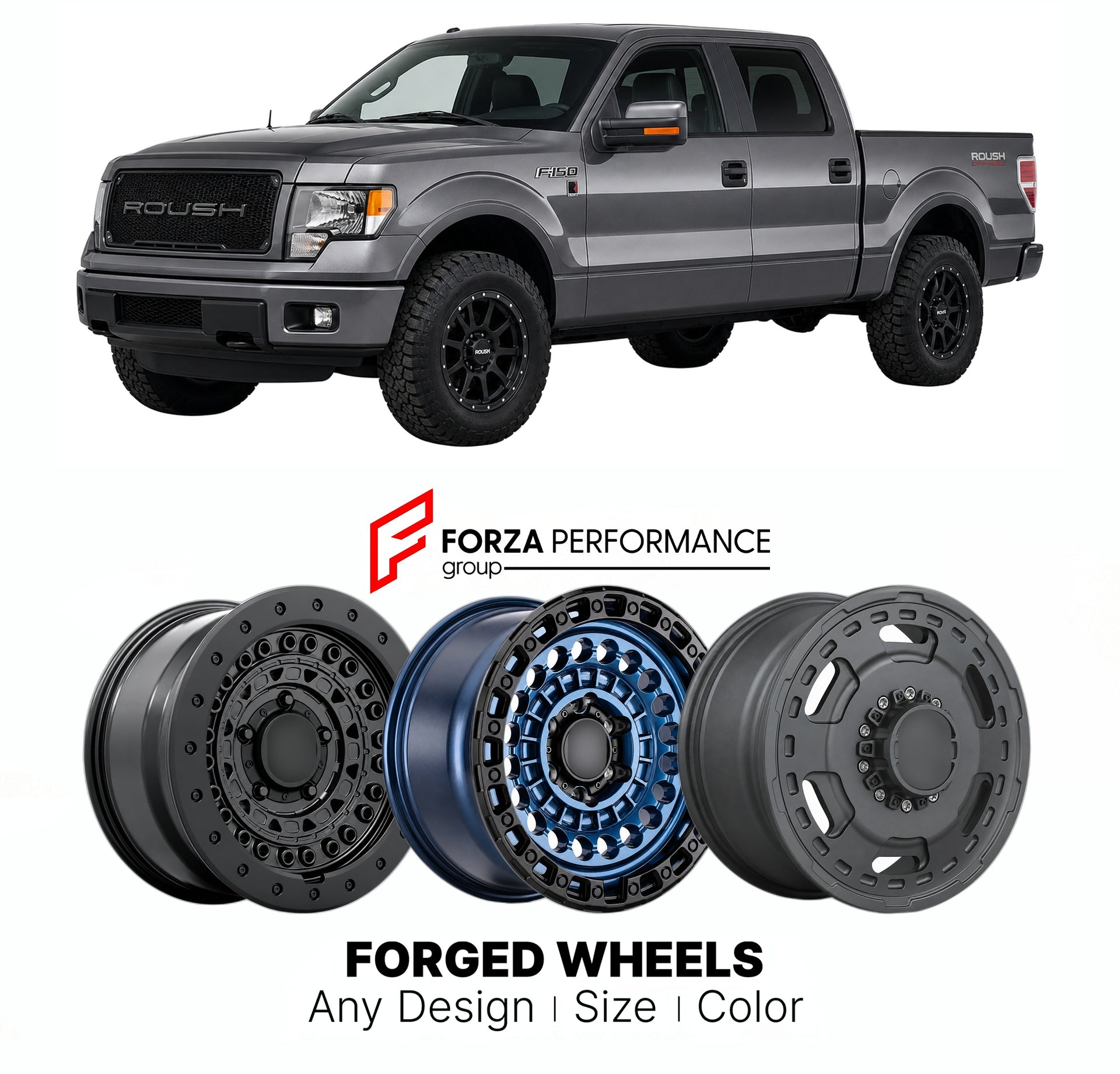 FORGED WHEELS RIMS for ROUSH F-150 ROUSH OFF-ROAD PACKAGE 2011+

Custom forged wheels for Roush F-150 Roush Off-Road Package 2011+. Made-to-order monoblock, 2-piece and 3-piece rims in custom sizes, offsets, colors and finishes with guaranteed fitment.

We manufacture premium quality forged wheels rims for Roush F-150 Roush Off-Road Package 2011+ in any design, size, color.

THIS WHEEL DESIGN CAN BE CUSTOM-MADE FOR YOUR CAR IN ANY SIZE AND COLOR OPTIONS
Available in monoblock, 2-piece, 3-piece, duoblock, be