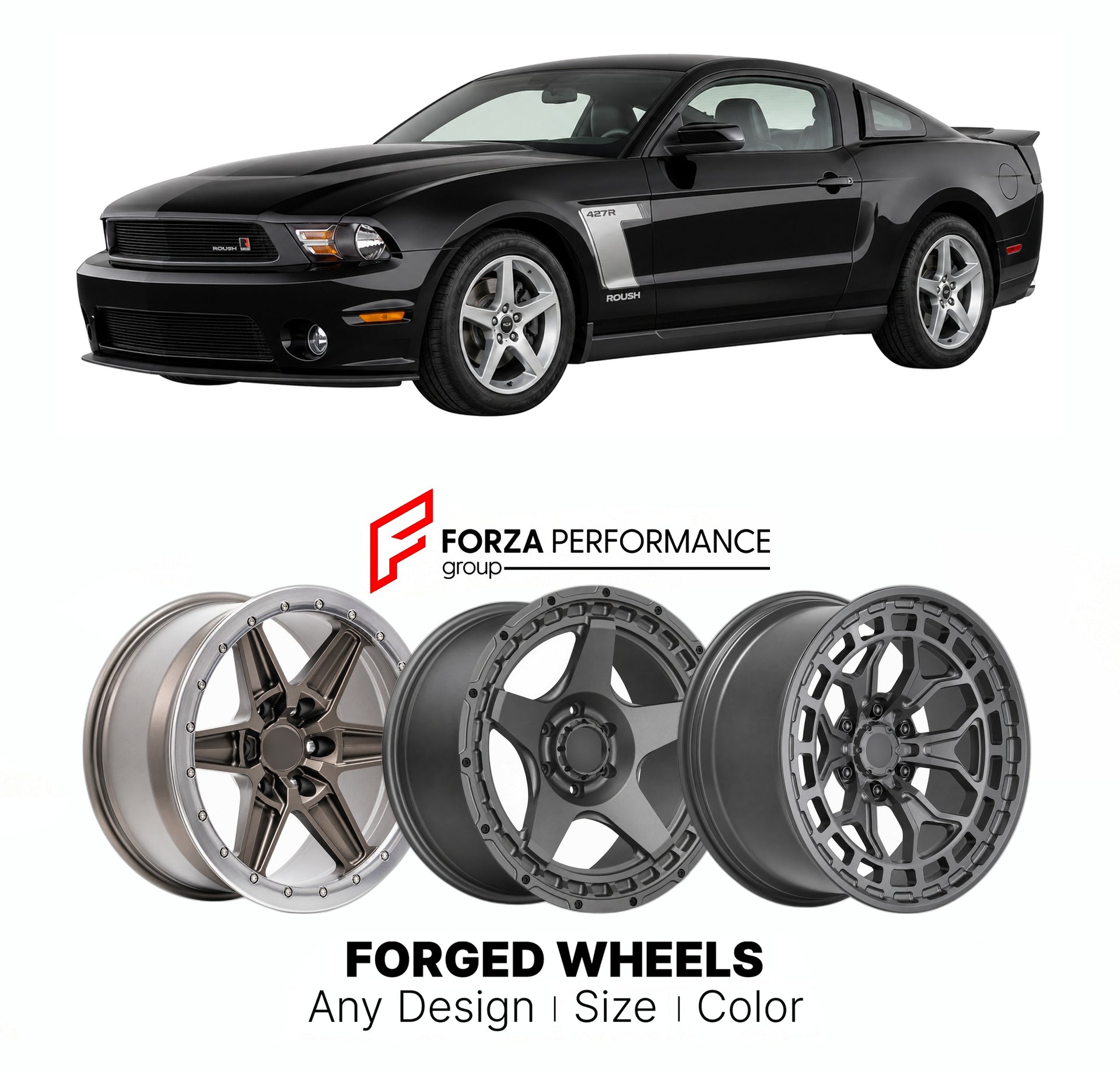 FORGED WHEELS RIMS for ROUSH MUSTANG STAGE 3 SN95 NEW EDGE S197 S550 1995+

Custom forged wheels for Roush Mustang Stage 3 SN95 New Edge S197 S550 1995+. Made-to-order monoblock, 2-piece and 3-piece rims in custom sizes, offsets, colors and finishes with guaranteed fitment.

We manufacture premium quality forged wheels rims for Roush Mustang Stage 3 SN95 New Edge S197 S550 1995+ in any design, size, color.

THIS WHEEL DESIGN CAN BE CUSTOM-MADE FOR YOUR CAR IN ANY SIZE AND COLOR OPTIONS
Available in monobloc