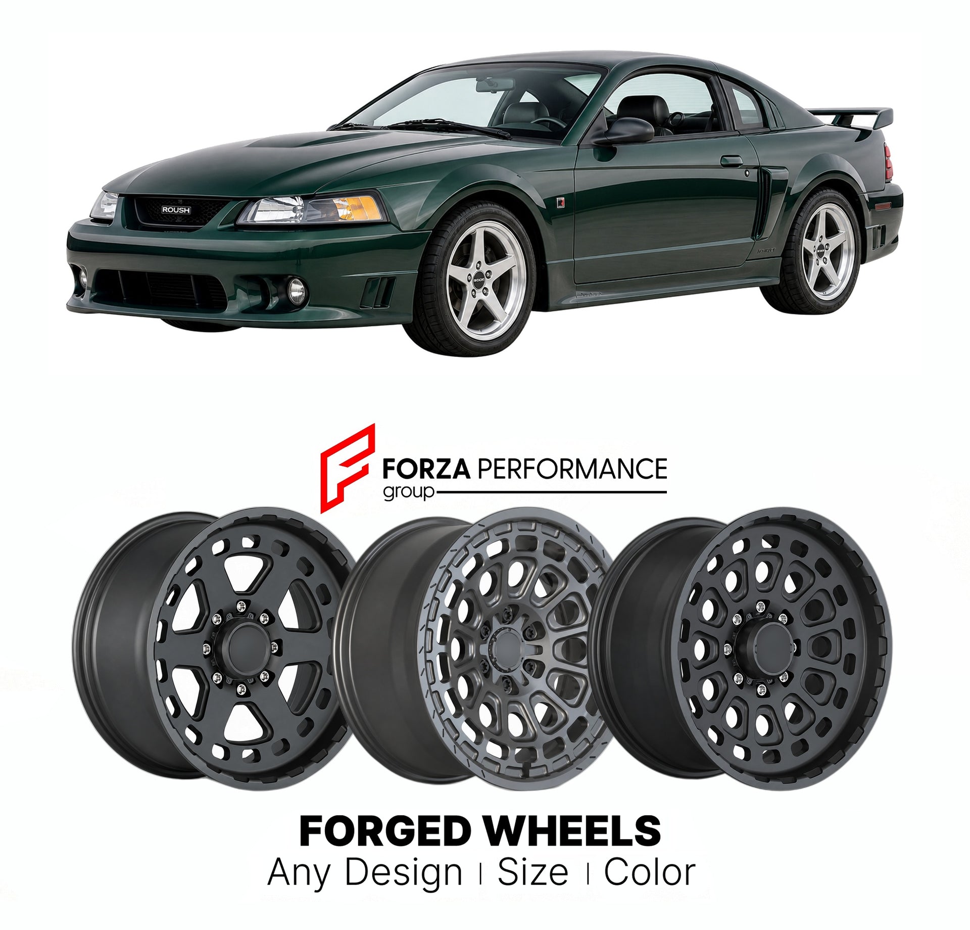 FORGED WHEELS RIMS for ROUSH MUSTANG STAGE 3 SN95 NEW EDGE S197 S550 1996+

Custom forged wheels for Roush Mustang Stage 3 SN95 New Edge S197 S550 1996+. Made-to-order monoblock, 2-piece and 3-piece rims in custom sizes, offsets, colors and finishes with guaranteed fitment.

We manufacture premium quality forged wheels rims for Roush Mustang Stage 3 SN95 New Edge S197 S550 1996+ in any design, size, color.

THIS WHEEL DESIGN CAN BE CUSTOM-MADE FOR YOUR CAR IN ANY SIZE AND COLOR OPTIONS
Available in monobloc