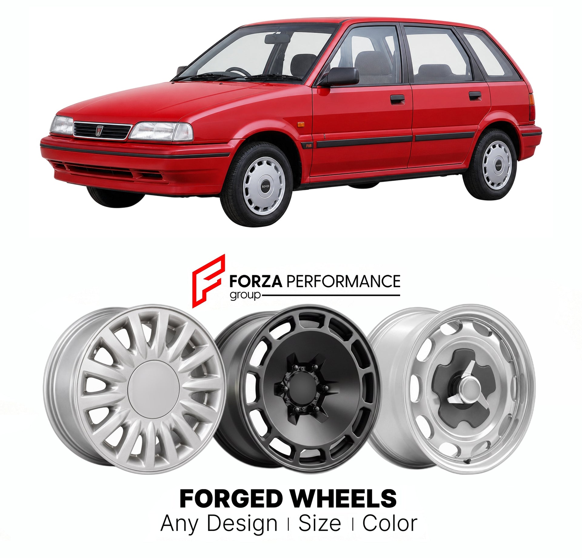 CUSTOM CLASSIC VINTAGE RESTOMOD RETRO OLD SCHOOL FORGED WHEELS RIMS for ROVER 200 400 R8 1989 - 1995

Custom forged wheels for Rover 200 400 R8 1989 - 1995. Classic, vintage, restomod wheel designs made to order in custom sizes, offsets, colors and finishes.

We manufacture premium quality forged wheels rims for Rover 200 400 R8 1989 - 1995 in any design, size, color.

THIS WHEEL DESIGN CAN BE CUSTOM-MADE FOR YOUR CAR IN ANY SIZE AND COLOR OPTIONS
Available in monoblock, 2-piece, 3-piece, duoblock, beadlock