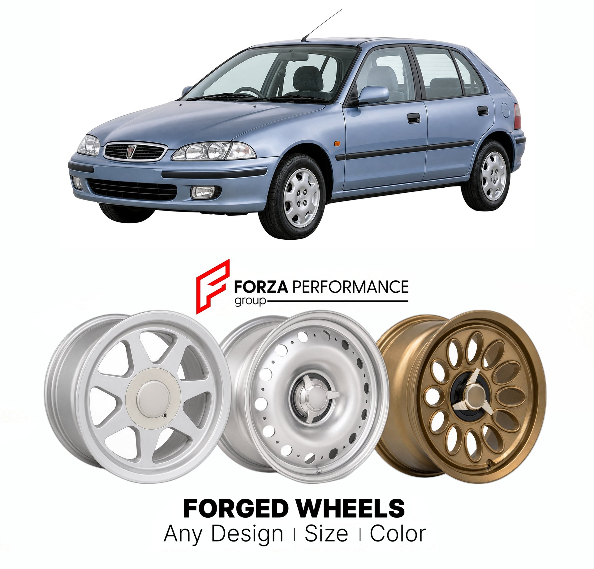 CUSTOM CLASSIC VINTAGE RESTOMOD RETRO OLD SCHOOL FORGED WHEELS RIMS for ROVER 200 R8 R3 1989 - 1999

Custom forged wheels for Rover 200 R8 R3 1989 - 1999. Classic, vintage, restomod wheel designs made to order in custom sizes, offsets, colors and finishes.

We manufacture premium quality forged wheels rims for Rover 200 R8 R3 1989 - 1999 in any design, size, color.

THIS WHEEL DESIGN CAN BE CUSTOM-MADE FOR YOUR CAR IN ANY SIZE AND COLOR OPTIONS
Available in monoblock, 2-piece, 3-piece, duoblock, beadlock
3D