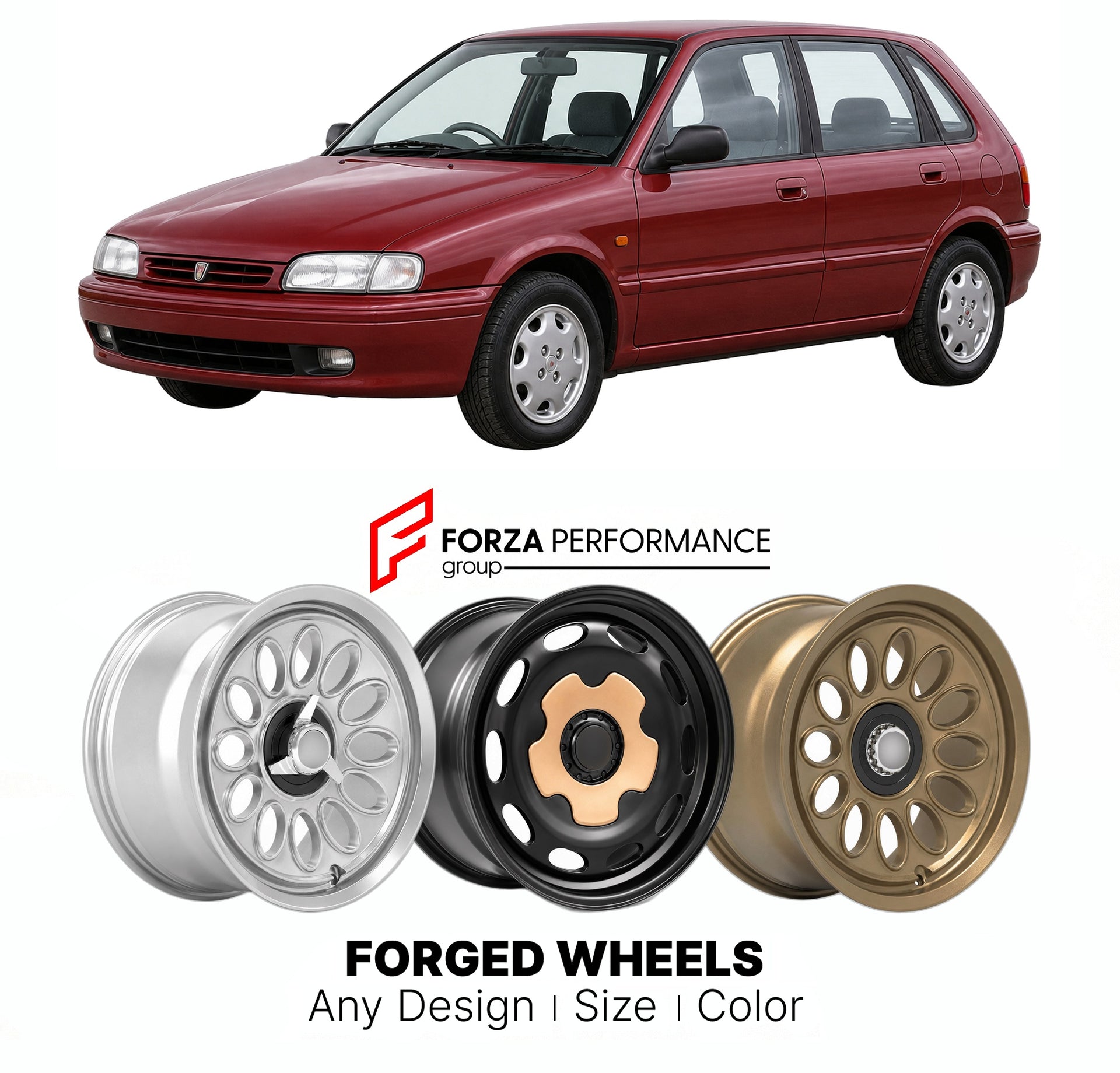 CUSTOM CLASSIC VINTAGE RESTOMOD RETRO OLD SCHOOL FORGED WHEELS RIMS for ROVER 200 SERIES R3 1995 - 1999

Custom forged wheels for Rover 200 Series R3 1995 - 1999. Classic, vintage, restomod wheel designs made to order in custom sizes, offsets, colors and finishes.

We manufacture premium quality forged wheels rims for Rover 200 Series R3 1995 - 1999 in any design, size, color.

THIS WHEEL DESIGN CAN BE CUSTOM-MADE FOR YOUR CAR IN ANY SIZE AND COLOR OPTIONS
Available in monoblock, 2-piece, 3-piece, duoblock,