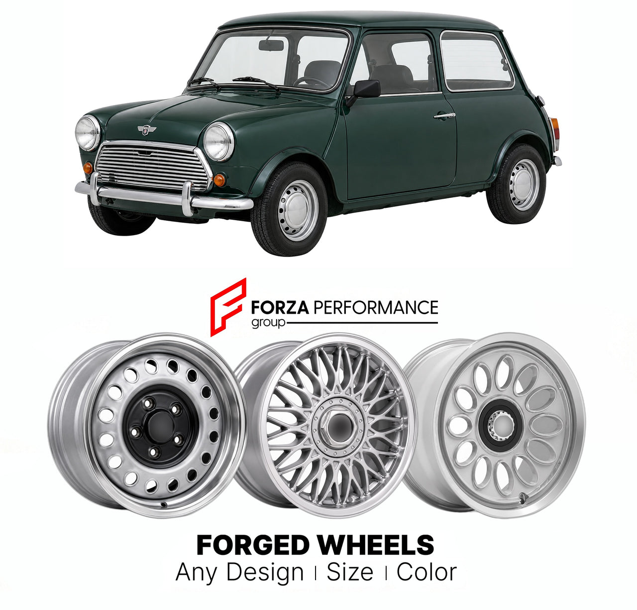 CUSTOM CLASSIC VINTAGE RESTOMOD RETRO OLD SCHOOL FORGED WHEELS RIMS for ROVER MINI SPRITE 1992 - 1996

Custom forged wheels for Rover Mini Sprite 1992 - 1996. Classic, vintage, restomod wheel designs made to order in custom sizes, offsets, colors and finishes.

We manufacture premium quality forged wheels rims for Rover Mini Sprite 1992 - 1996 in any design, size, color.

THIS WHEEL DESIGN CAN BE CUSTOM-MADE FOR YOUR CAR IN ANY SIZE AND COLOR OPTIONS
Available in monoblock, 2-piece, 3-piece, duoblock, beadl