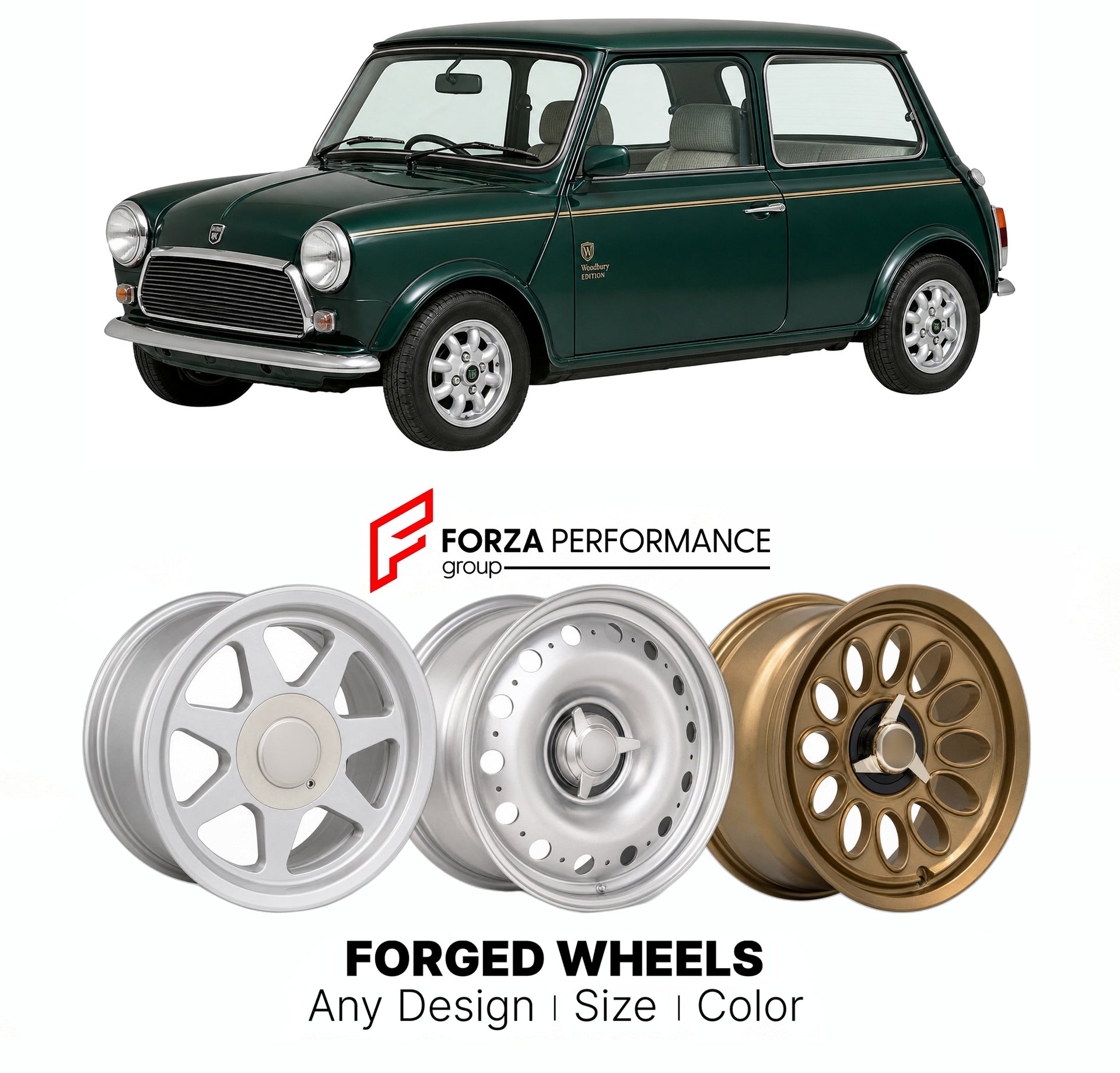 CUSTOM CLASSIC VINTAGE RESTOMOD RETRO OLD SCHOOL FORGED WHEELS RIMS for ROVER MINI WOODBURY EDITION 1992 - 1993

Custom forged wheels for Rover Mini Woodbury Edition 1992 - 1993. Classic, vintage, restomod wheel designs made to order in custom sizes, offsets, colors and finishes.

We manufacture premium quality forged wheels rims for Rover Mini Woodbury Edition 1992 - 1993 in any design, size, color.

THIS WHEEL DESIGN CAN BE CUSTOM-MADE FOR YOUR CAR IN ANY SIZE AND COLOR OPTIONS
Available in monoblock, 2-p
