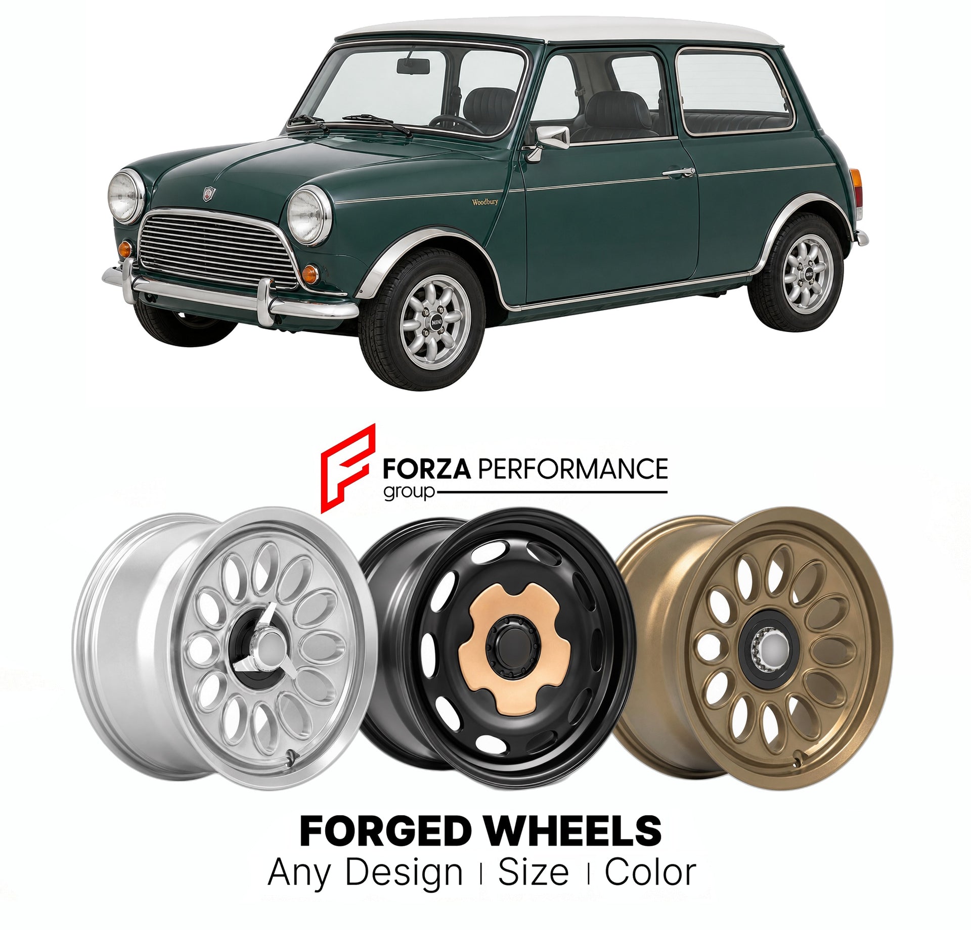 CUSTOM CLASSIC VINTAGE RESTOMOD RETRO OLD SCHOOL FORGED WHEELS RIMS for ROVER MINI WOODBURY LIMITED EDITION 1992 - 1993

Custom forged wheels for Rover Mini Woodbury Limited Edition 1992 - 1993. Classic, vintage, restomod wheel designs made to order in custom sizes, offsets, colors and finishes.

We manufacture premium quality forged wheels rims for Rover Mini Woodbury Limited Edition 1992 - 1993 in any design, size, color.

THIS WHEEL DESIGN CAN BE CUSTOM-MADE FOR YOUR CAR IN ANY SIZE AND COLOR OPTIONS
Ava