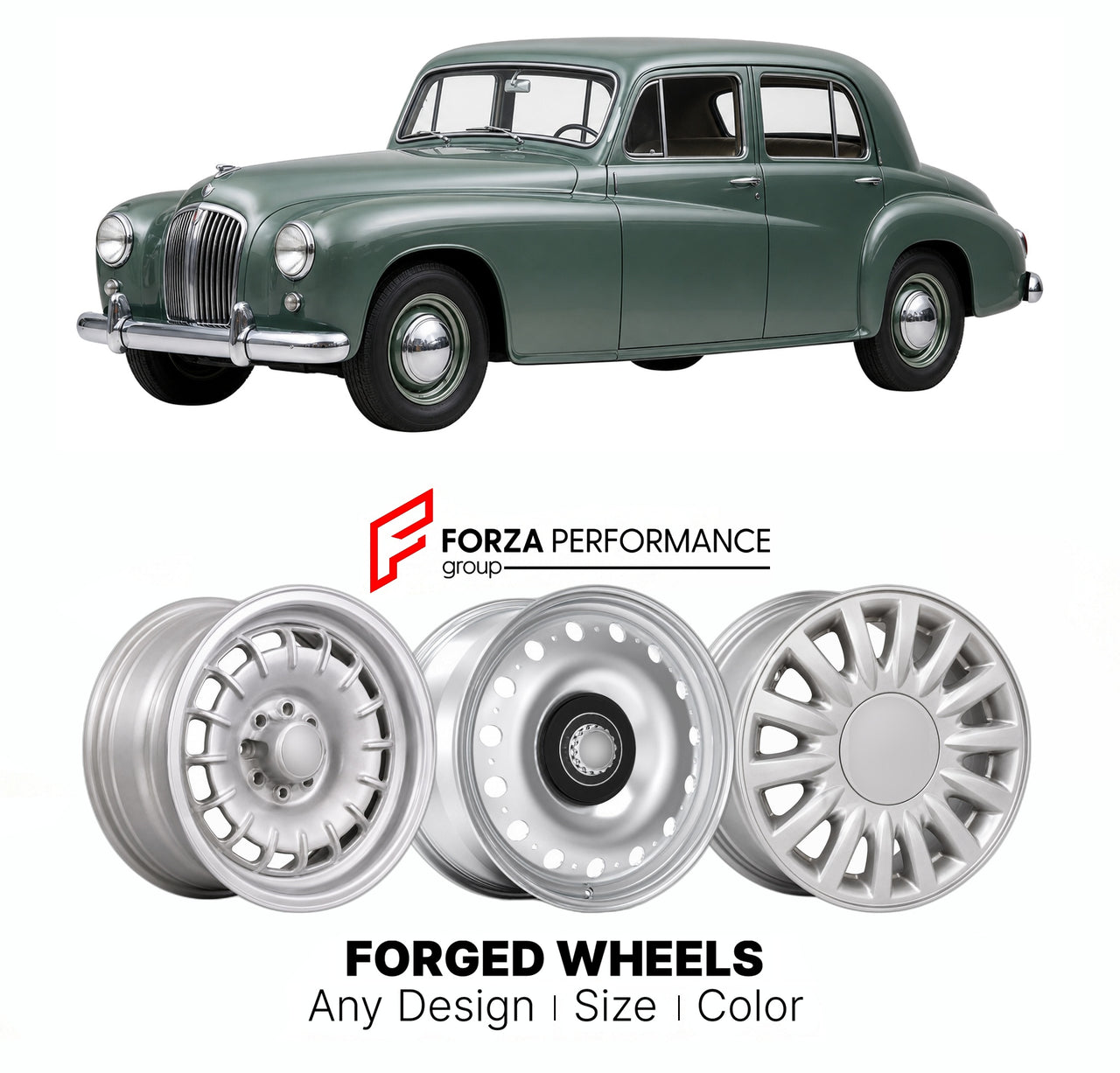 CUSTOM CLASSIC VINTAGE RESTOMOD RETRO OLD SCHOOL FORGED WHEELS RIMS for ROVER P4 1949 - 1964

Custom forged wheels for Rover P4 1949 - 1964. Classic, vintage, restomod wheel designs made to order in custom sizes, offsets, colors and finishes.

We manufacture premium quality forged wheels rims for Rover P4 1949 - 1964 in any design, size, color.

THIS WHEEL DESIGN CAN BE CUSTOM-MADE FOR YOUR CAR IN ANY SIZE AND COLOR OPTIONS
Available in monoblock, 2-piece, 3-piece, duoblock, beadlock
3D wheel renderings are