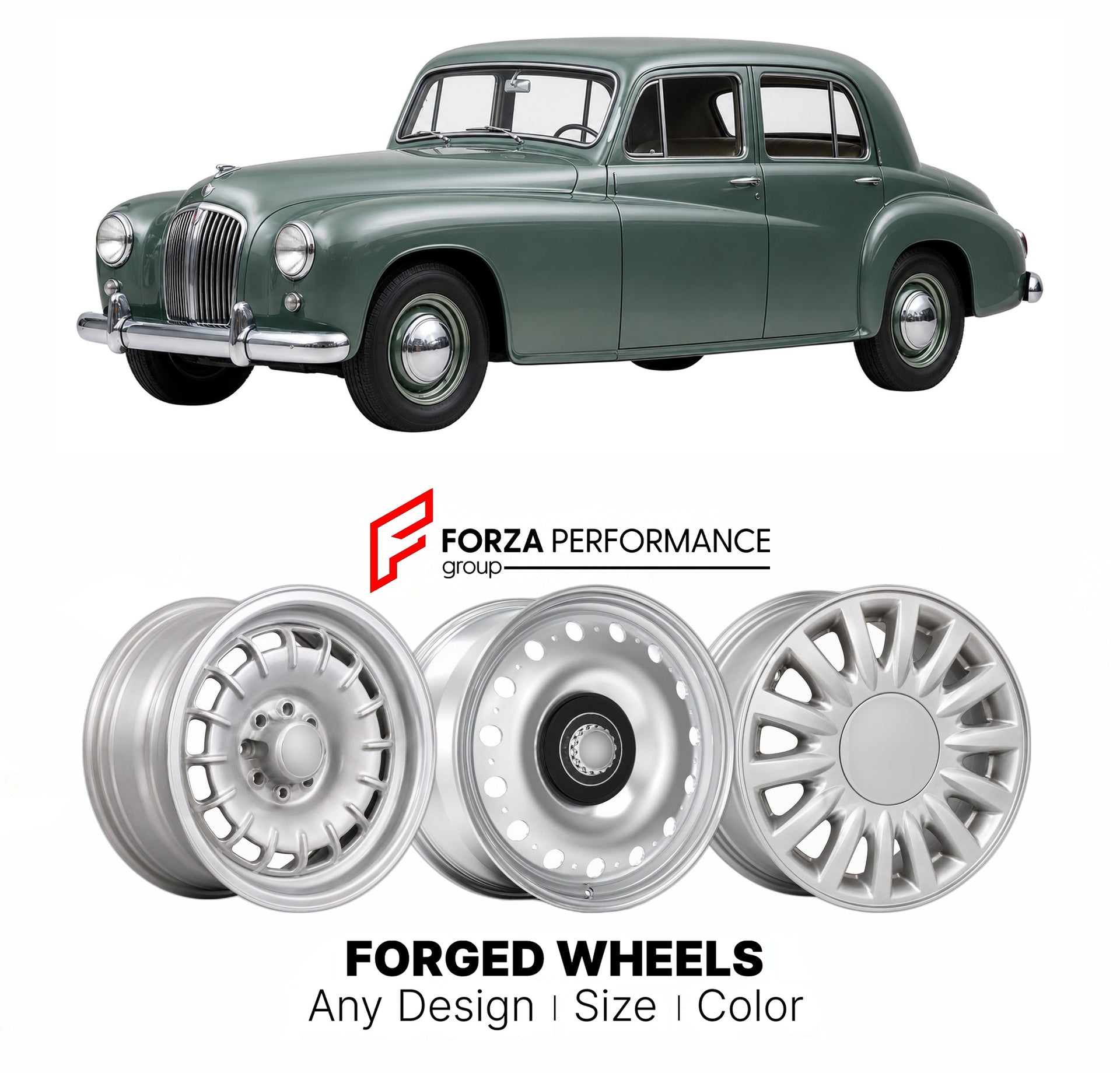 CUSTOM CLASSIC VINTAGE RESTOMOD RETRO OLD SCHOOL FORGED WHEELS RIMS for ROVER P4 1949 - 1964

Custom forged wheels for Rover P4 1949 - 1964. Classic, vintage, restomod wheel designs made to order in custom sizes, offsets, colors and finishes.

We manufacture premium quality forged wheels rims for Rover P4 1949 - 1964 in any design, size, color.

THIS WHEEL DESIGN CAN BE CUSTOM-MADE FOR YOUR CAR IN ANY SIZE AND COLOR OPTIONS
Available in monoblock, 2-piece, 3-piece, duoblock, beadlock
3D wheel renderings are