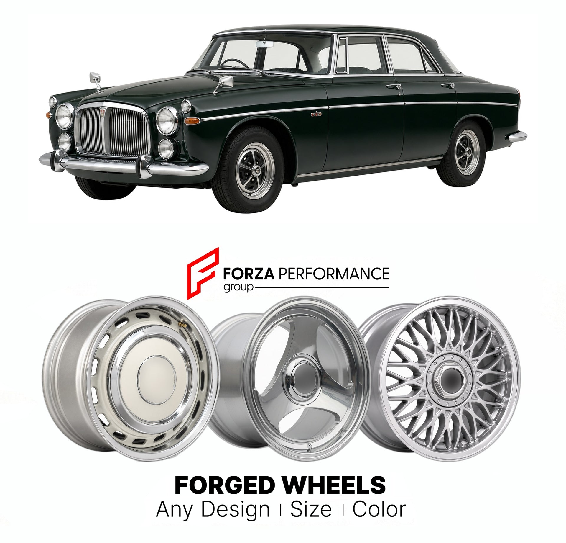 CUSTOM CLASSIC VINTAGE RESTOMOD RETRO OLD SCHOOL FORGED WHEELS RIMS for ROVER P5B 3.5 LITRE 1967 - 1973

Custom forged wheels for Rover P5B 3.5 Litre 1967 - 1973. Classic, vintage, restomod wheel designs made to order in custom sizes, offsets, colors and finishes.

We manufacture premium quality forged wheels rims for Rover P5B 3.5 Litre 1967 - 1973 in any design, size, color.

THIS WHEEL DESIGN CAN BE CUSTOM-MADE FOR YOUR CAR IN ANY SIZE AND COLOR OPTIONS
Available in monoblock, 2-piece, 3-piece, duoblock,