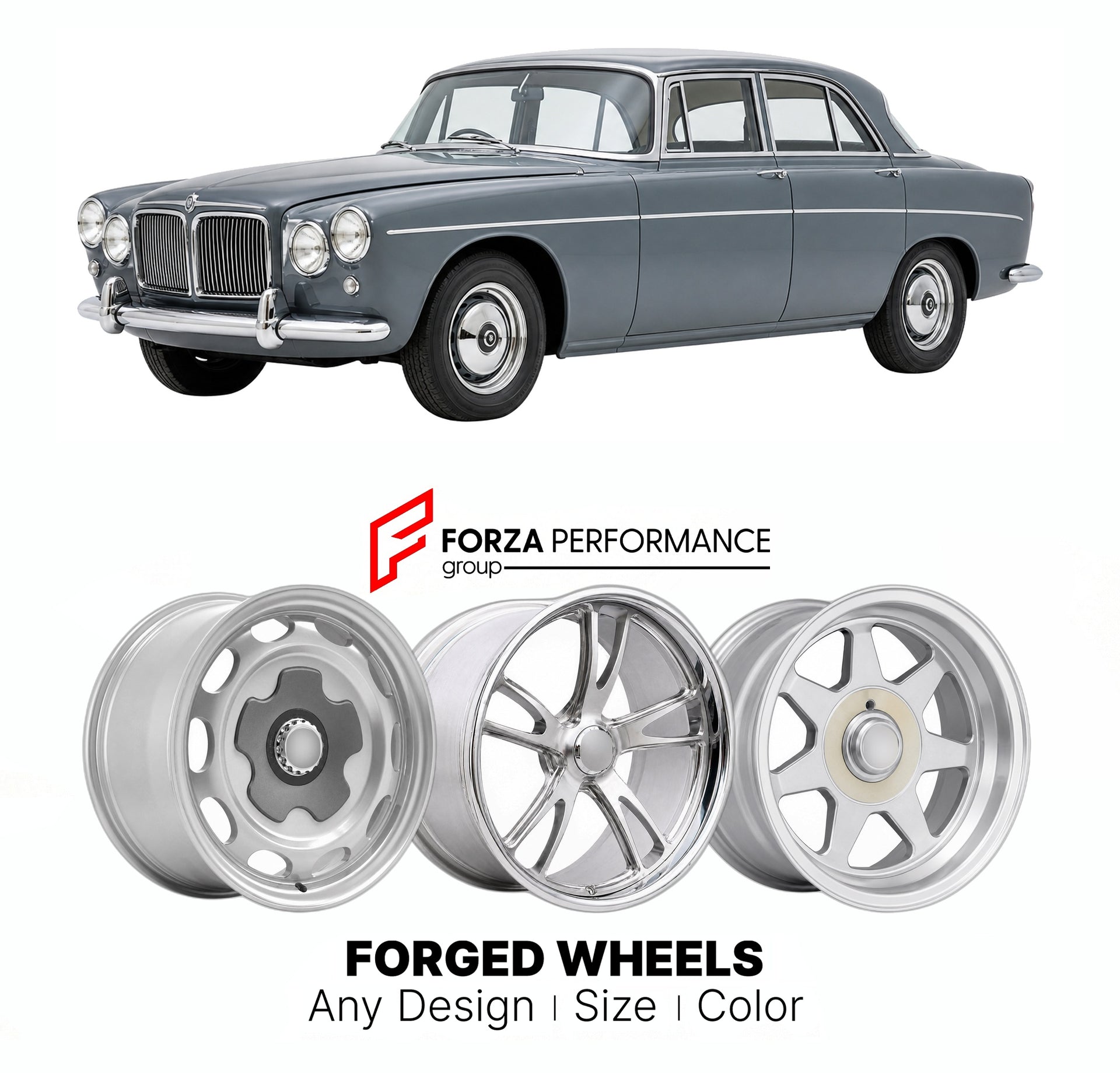 CUSTOM CLASSIC VINTAGE RESTOMOD RETRO OLD SCHOOL FORGED WHEELS RIMS for ROVER P5 1958 - 1973

Custom forged wheels for Rover P5 1958 - 1973. Classic, vintage, restomod wheel designs made to order in custom sizes, offsets, colors and finishes.

We manufacture premium quality forged wheels rims for Rover P5 1958 - 1973 in any design, size, color.

THIS WHEEL DESIGN CAN BE CUSTOM-MADE FOR YOUR CAR IN ANY SIZE AND COLOR OPTIONS
Available in monoblock, 2-piece, 3-piece, duoblock, beadlock
3D wheel renderings are