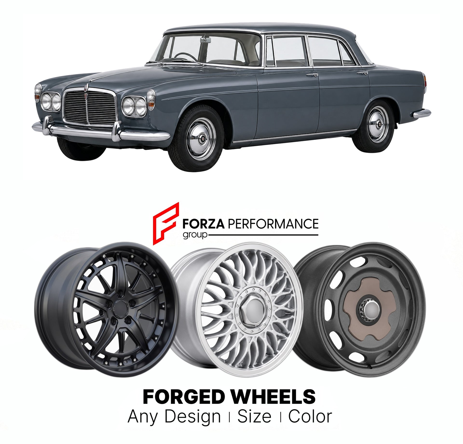 CUSTOM CLASSIC VINTAGE RESTOMOD RETRO OLD SCHOOL FORGED WHEELS RIMS for ROVER P5 3-LITRE 1958 - 1967

Custom forged wheels for Rover P5 3-Litre 1958 - 1967. Classic, vintage, restomod wheel designs made to order in custom sizes, offsets, colors and finishes.

We manufacture premium quality forged wheels rims for Rover P5 3-Litre 1958 - 1967 in any design, size, color.

THIS WHEEL DESIGN CAN BE CUSTOM-MADE FOR YOUR CAR IN ANY SIZE AND COLOR OPTIONS
Available in monoblock, 2-piece, 3-piece, duoblock, beadlock