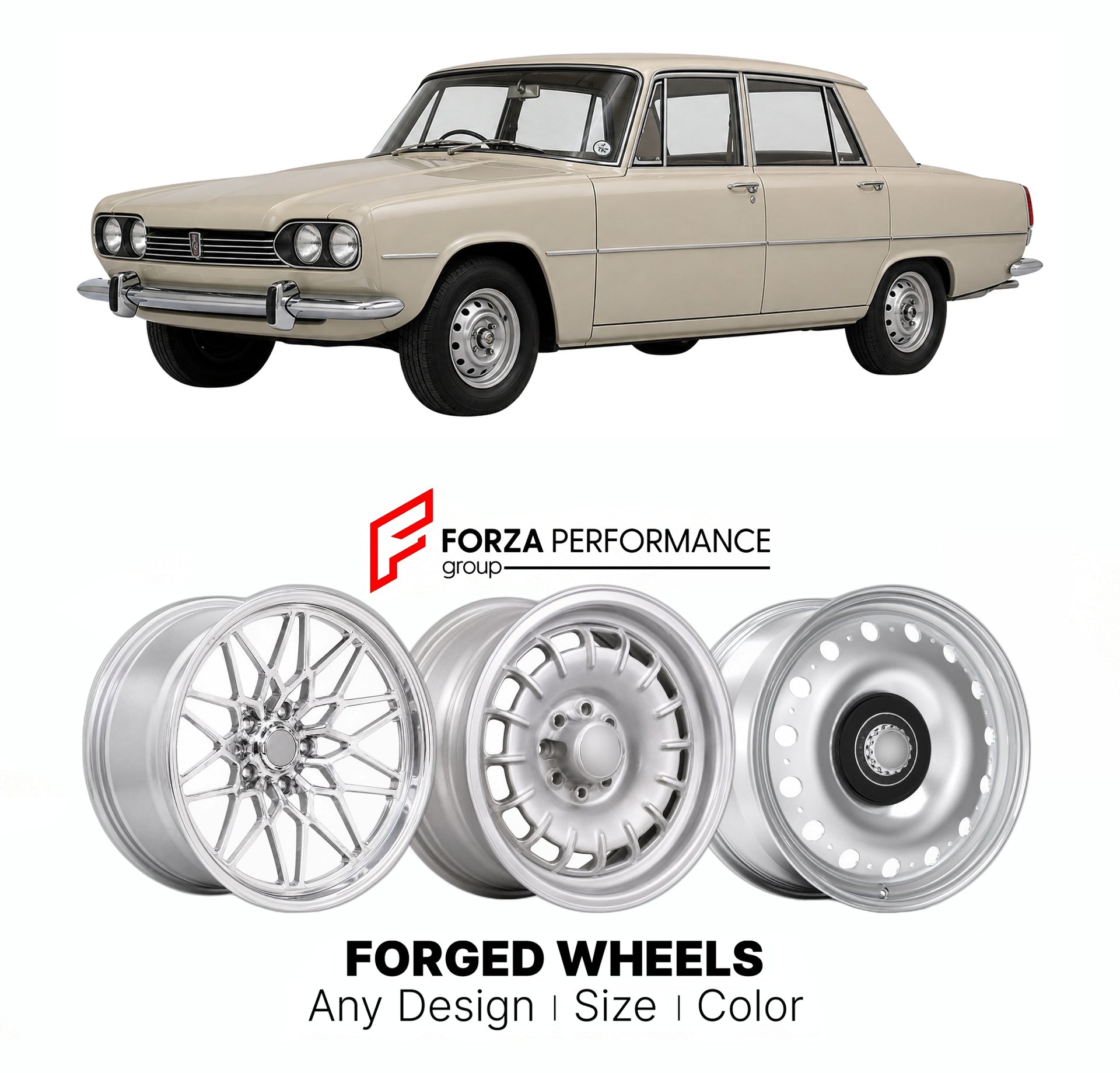 CUSTOM CLASSIC VINTAGE RESTOMOD RETRO OLD SCHOOL FORGED WHEELS RIMS for ROVER P6 1963 - 1977

Custom forged wheels for Rover P6 1963 - 1977. Classic, vintage, restomod wheel designs made to order in custom sizes, offsets, colors and finishes.

We manufacture premium quality forged wheels rims for Rover P6 1963 - 1977 in any design, size, color.

THIS WHEEL DESIGN CAN BE CUSTOM-MADE FOR YOUR CAR IN ANY SIZE AND COLOR OPTIONS
Available in monoblock, 2-piece, 3-piece, duoblock, beadlock
3D wheel renderings are