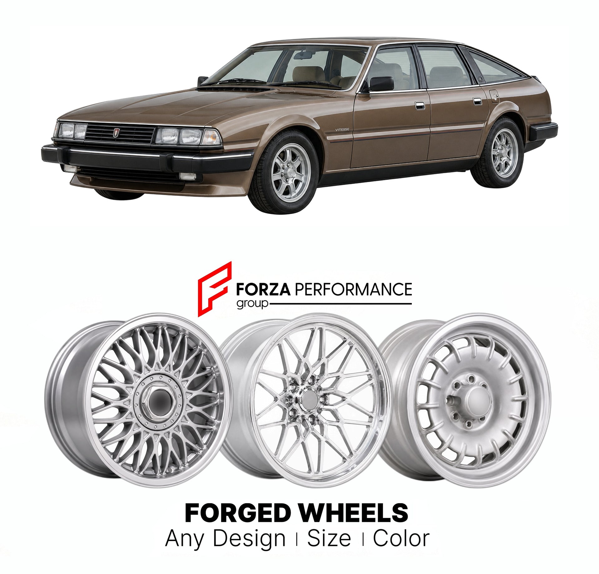 CUSTOM CLASSIC VINTAGE RESTOMOD RETRO OLD SCHOOL FORGED WHEELS RIMS for ROVER SD1 3500 VITESSE 1982 - 1986

Custom forged wheels for Rover SD1 3500 Vitesse 1982 - 1986. Classic, vintage, restomod wheel designs made to order in custom sizes, offsets, colors and finishes.

We manufacture premium quality forged wheels rims for Rover SD1 3500 Vitesse 1982 - 1986 in any design, size, color.

THIS WHEEL DESIGN CAN BE CUSTOM-MADE FOR YOUR CAR IN ANY SIZE AND COLOR OPTIONS
Available in monoblock, 2-piece, 3-piece, 
