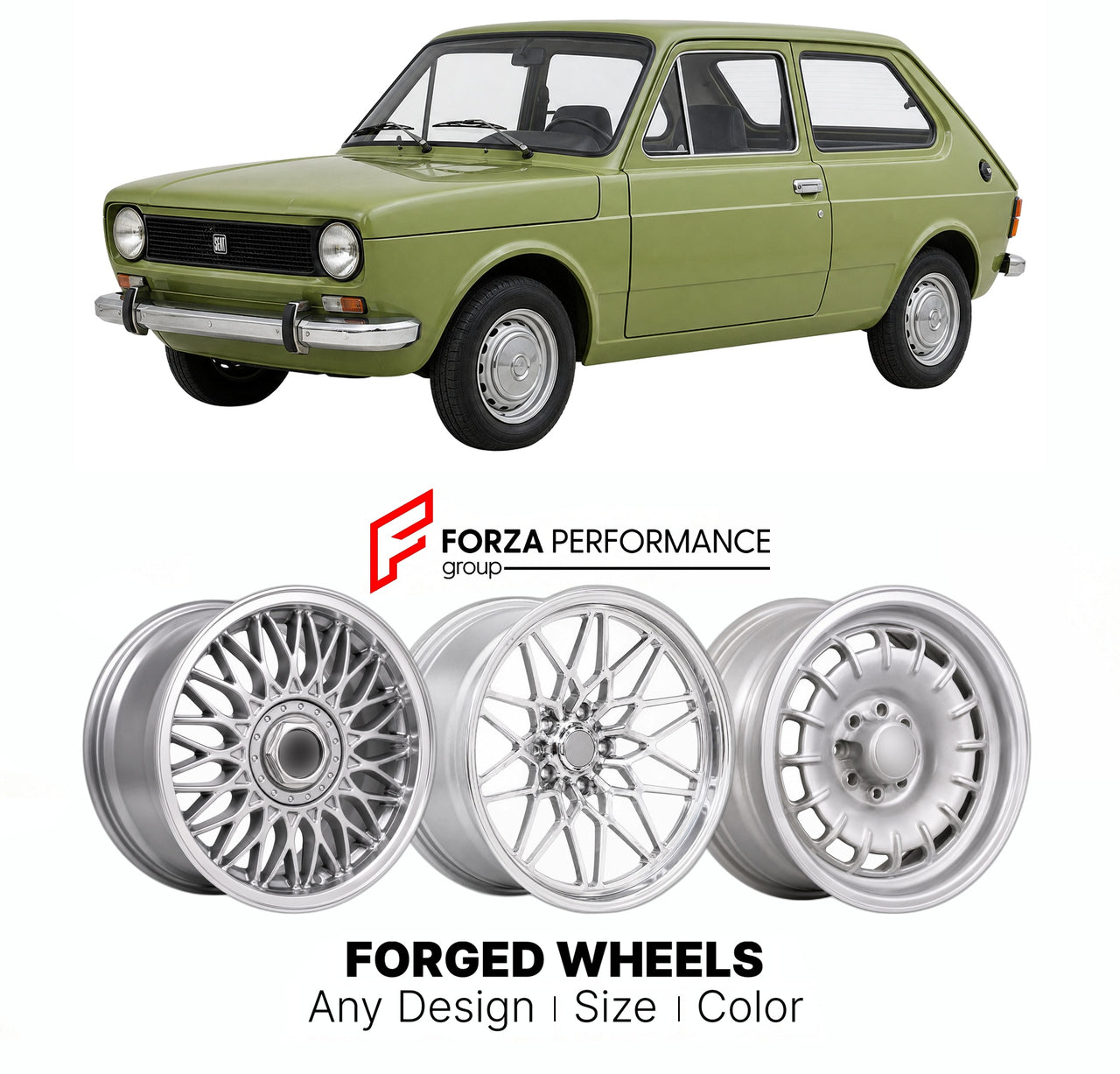 CUSTOM CLASSIC VINTAGE RESTOMOD RETRO OLD SCHOOL FORGED WHEELS RIMS for SEAT 127 1972 - 1982

Custom forged wheels for SEAT 127 1972 - 1982. Classic, vintage, restomod wheel designs made to order in custom sizes, offsets, colors and finishes.

We manufacture premium quality forged wheels rims for SEAT 127 1972 - 1982 in any design, size, color.

THIS WHEEL DESIGN CAN BE CUSTOM-MADE FOR YOUR CAR IN ANY SIZE AND COLOR OPTIONS
Available in monoblock, 2-piece, 3-piece, duoblock, beadlock
3D wheel renderings are