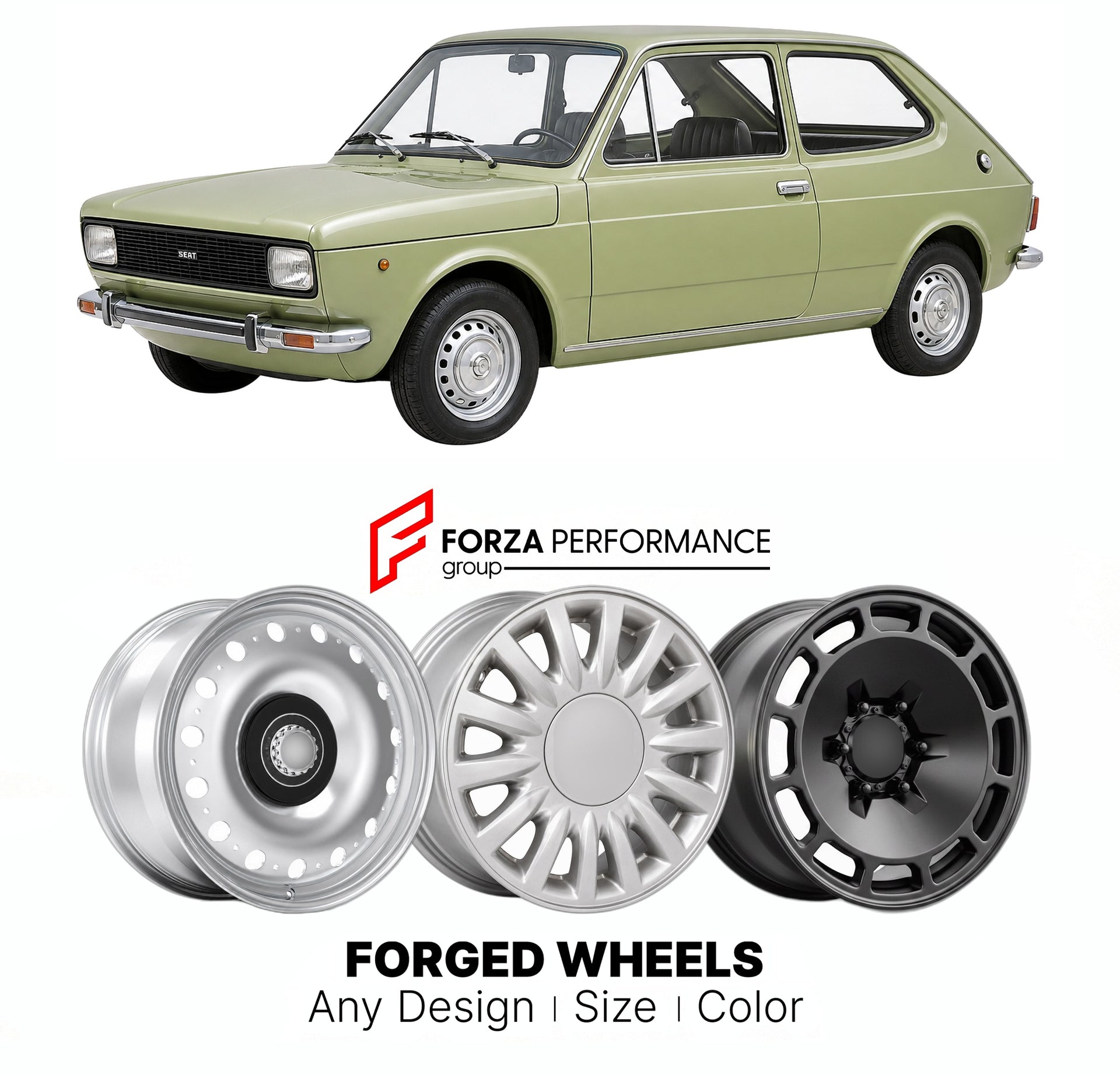 CUSTOM CLASSIC VINTAGE RESTOMOD RETRO OLD SCHOOL FORGED WHEELS RIMS for SEAT 128 3P 1976 - 1980

Custom forged wheels for SEAT 128 3P 1976 - 1980. Classic, vintage, restomod wheel designs made to order in custom sizes, offsets, colors and finishes.

We manufacture premium quality forged wheels rims for SEAT 128 3P 1976 - 1980 in any design, size, color.

THIS WHEEL DESIGN CAN BE CUSTOM-MADE FOR YOUR CAR IN ANY SIZE AND COLOR OPTIONS
Available in monoblock, 2-piece, 3-piece, duoblock, beadlock
3D wheel rende